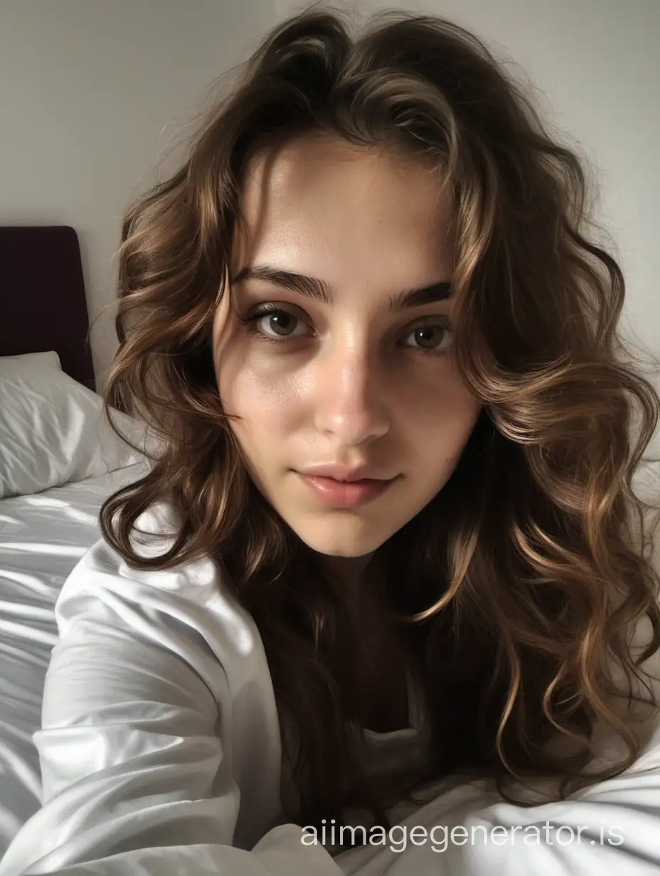 a photo of Michela, an Italian prosperous girl, just came back home from college with brown wavy hair, taking a self hot picture after waking up in early morning in the bedroom