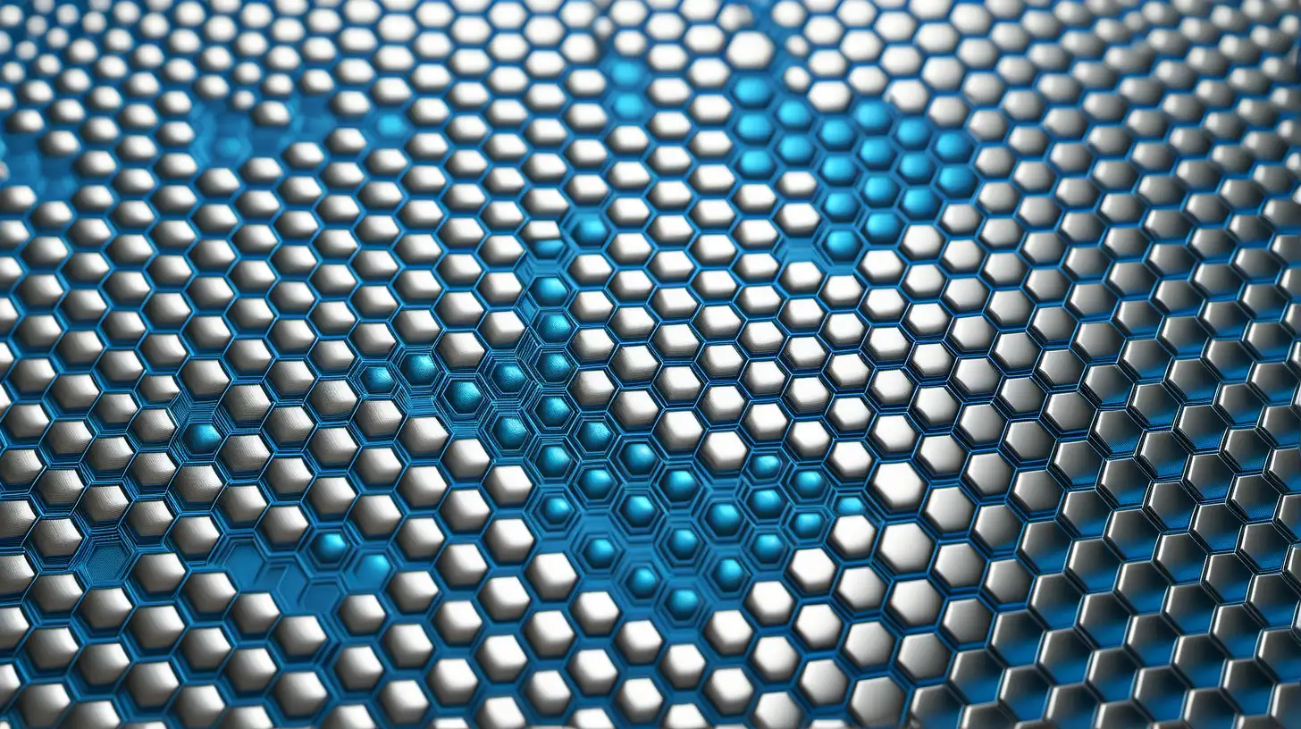 3D image of zoomed in honeycomb pattern, metallic, silver, blue