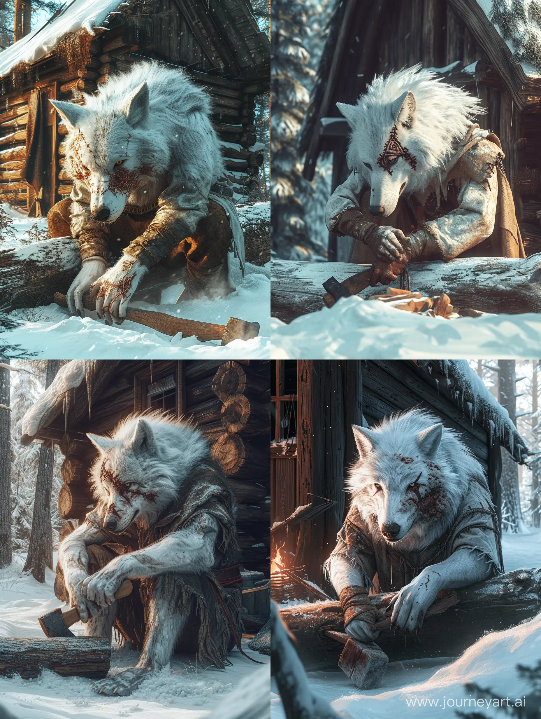 a white wolf,A big old scratch on his face,in snowy forest,Next to the wooden hut, he is chopping a log with an ax,Detailed clothing.incredible detail,warm light,Digital Art.