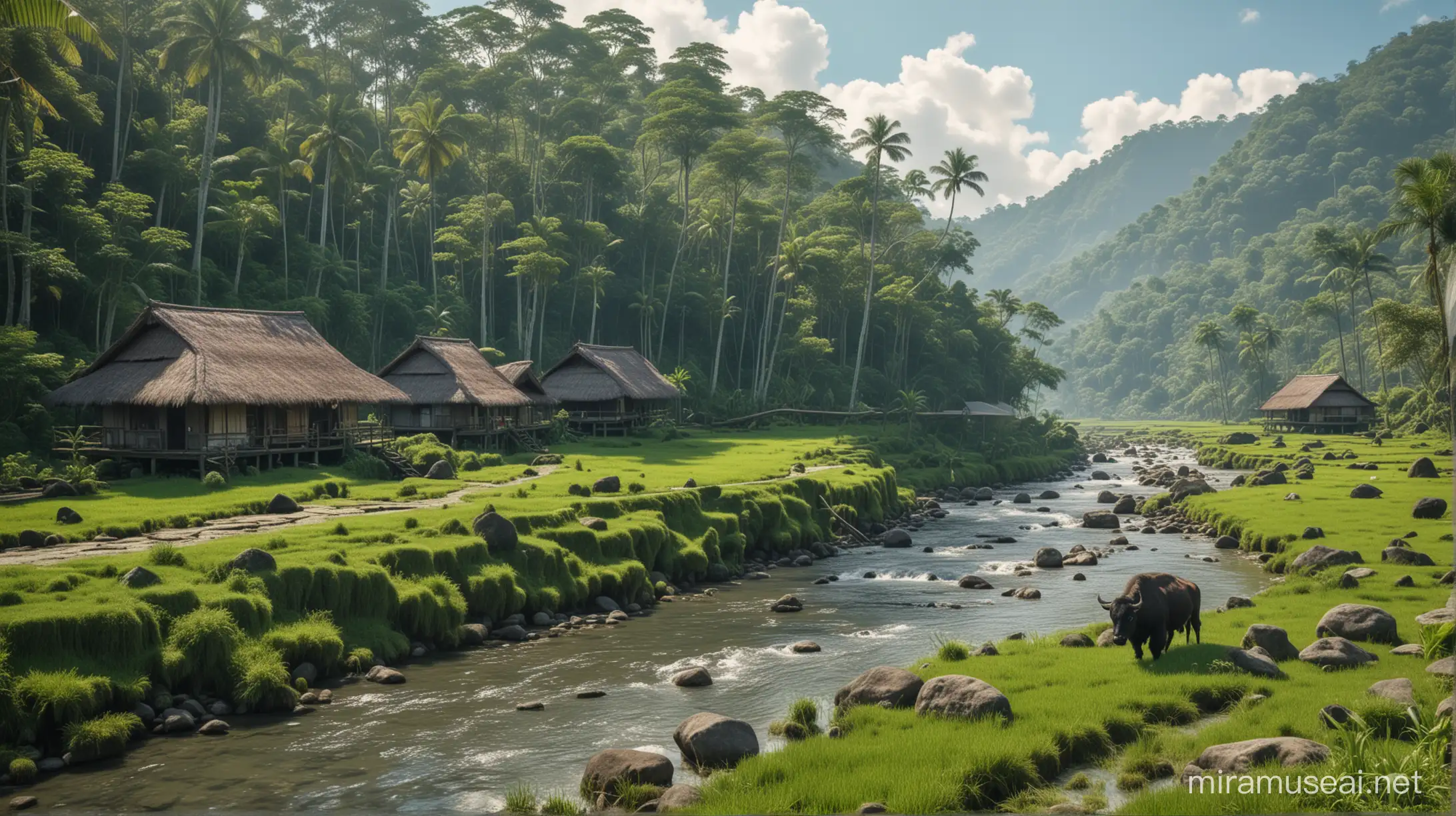  pemukiman rumah Indonesia yang terletak di tengah tanaman hijau subur, LATAR BELAKANG pagi hari yg cerah,aliran sungai yang mengalir jernih berwarna putih hijau dan hitam di atas bebatuan yang tertutup lumut, dan pesawahan, awan biru yg cerah dikelilingi oleh pelukan tenang dari hutan lebat. KELUARGA kerbau MINUM DARI ALIRAN, RINCIAN, SINEMATIS, 4K,ultra HDR extreme