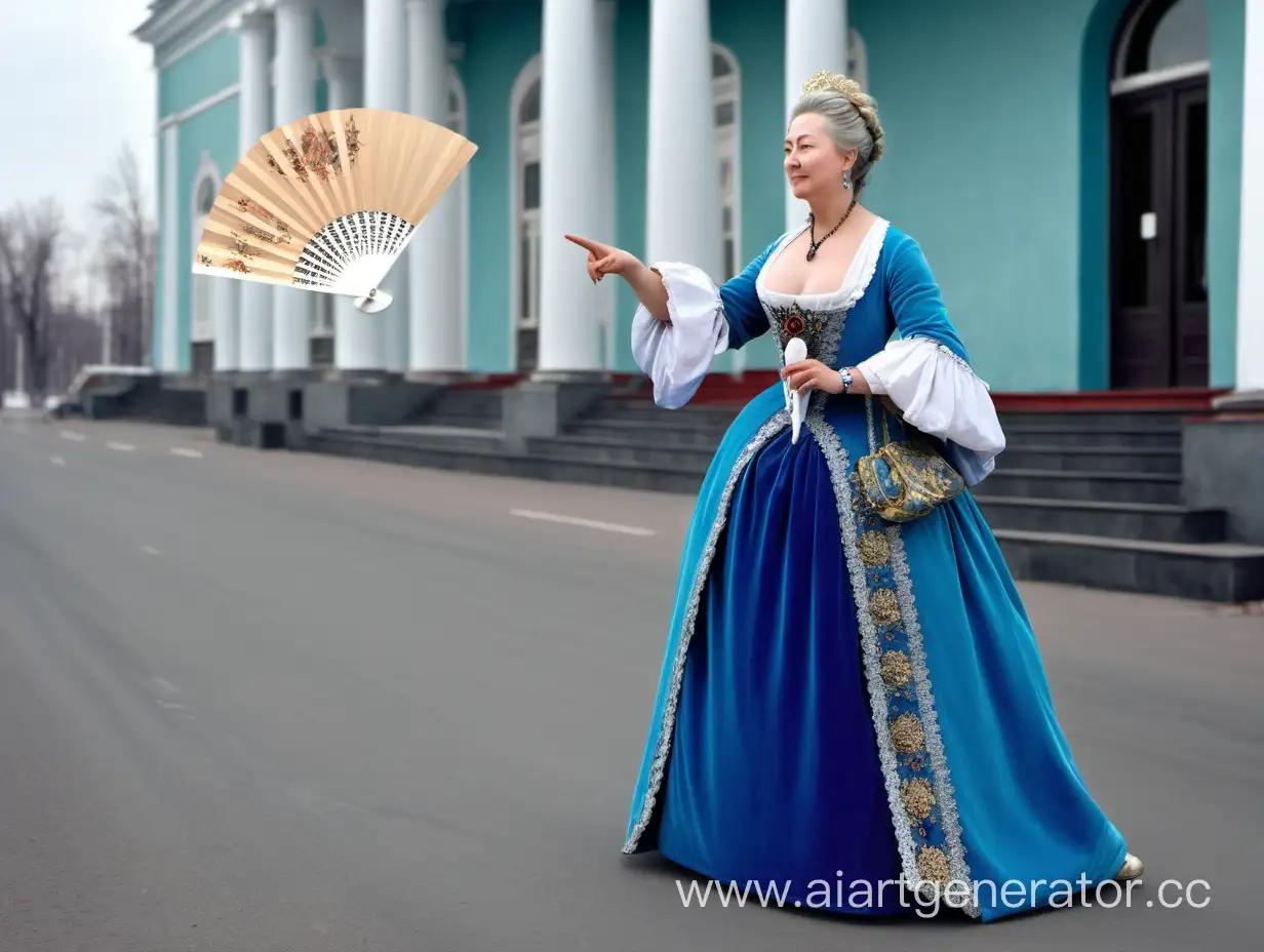 Императрица Российской империи Екатерина великая с веером .В полный рост , стоит на улице города Костромы .