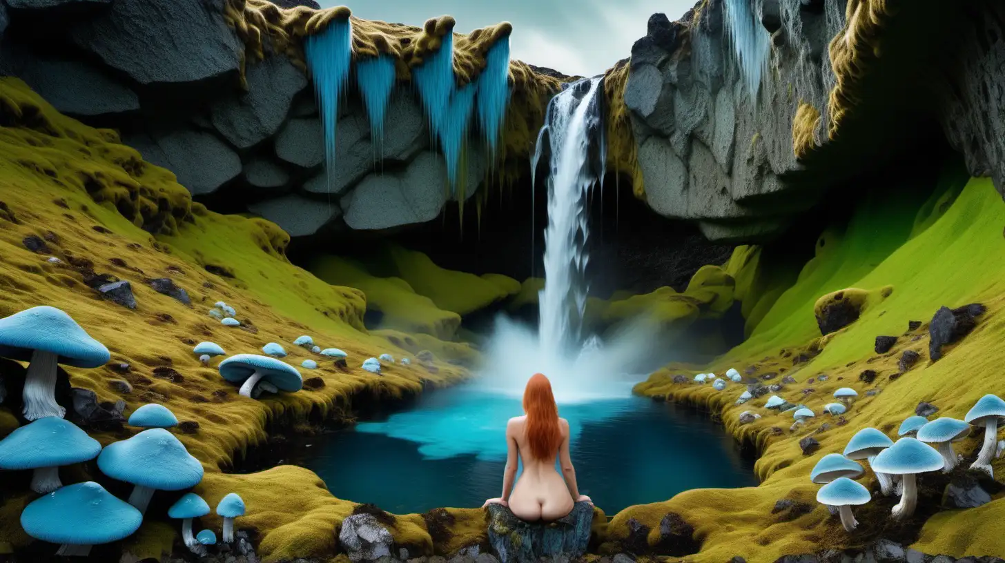 Psychedelic landscape, Rocky Icelandic mountains, Waterfall, large crystalline bluish minerals, nude woman in center, Moss, striated mushrooms, and water on the ground, serene, euphoric