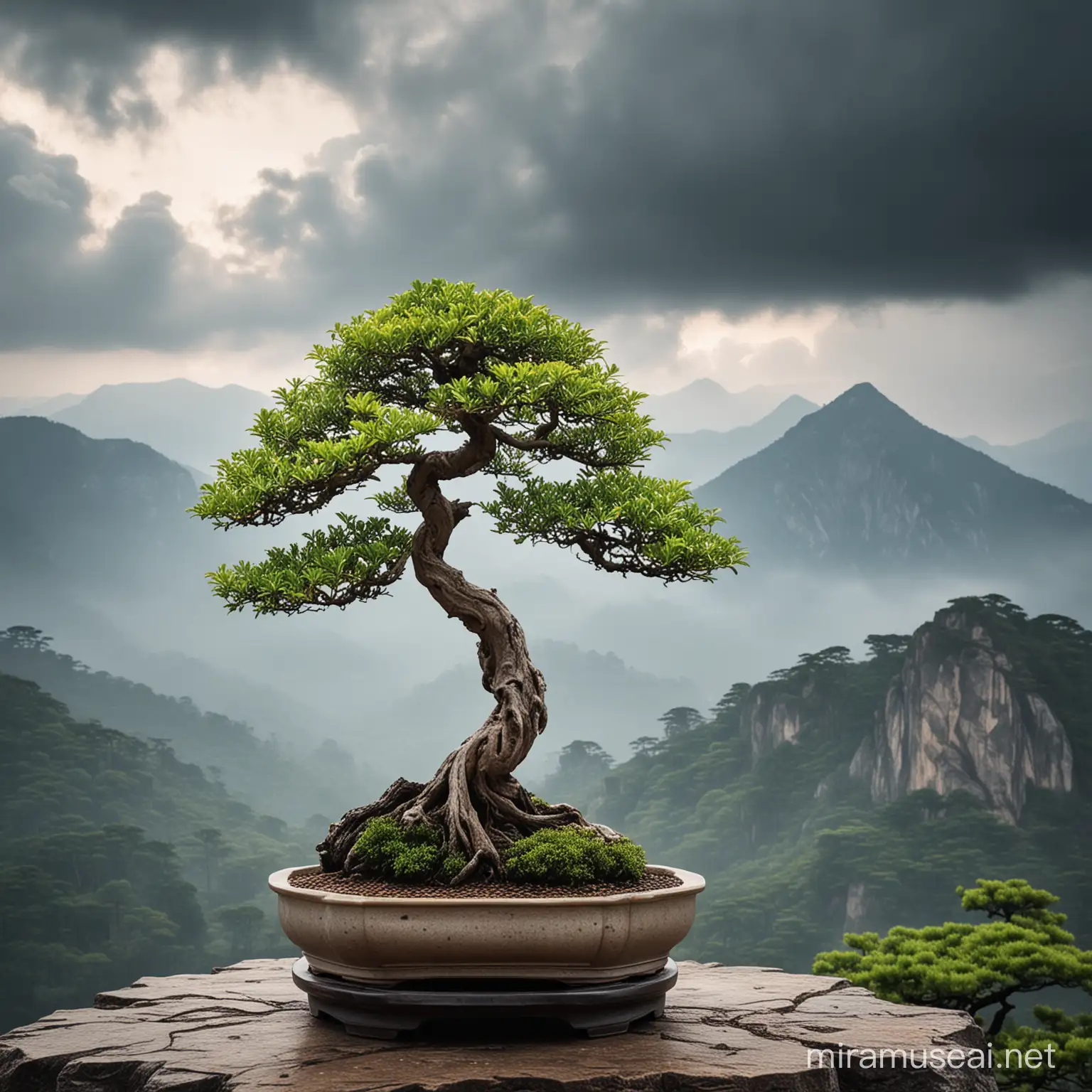 Mystic Bonsai Tree Against Cloudy Mountain Backdrop