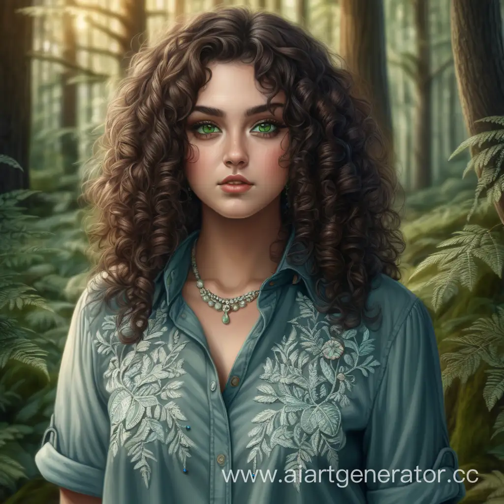 девушка с пышными формами, 30 лет, темные кудрявые волосы, зеленые глаза, нос с горбинкой, в лесу, одета в рубаху с вышивкой и бусы