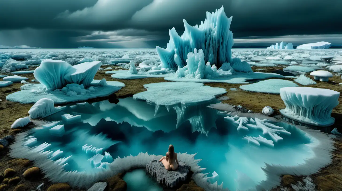 Psychedelic landscape, crystalline bluish mineral clouds, with nude woman center, arctic, euphoric, Moss, icebergs, mushrooms, and water on the ground