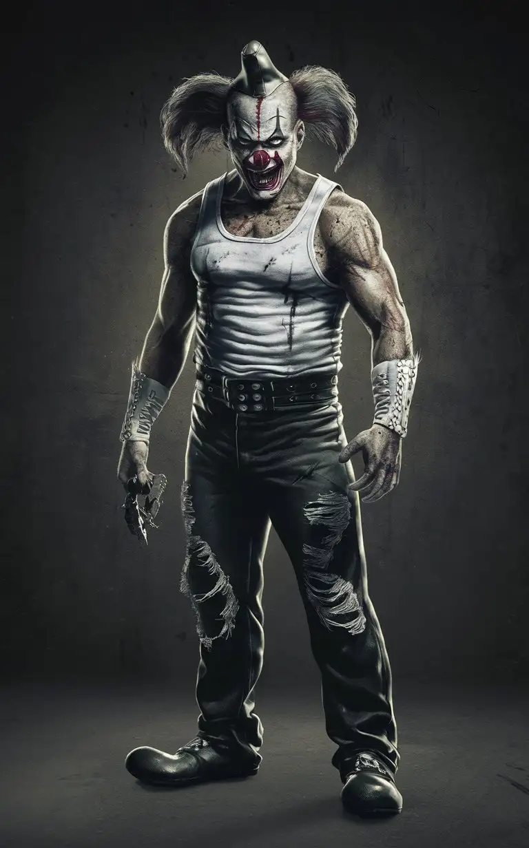 luchador
evil clown
full body
torn black jeans
white tank top
scars
burns
scary