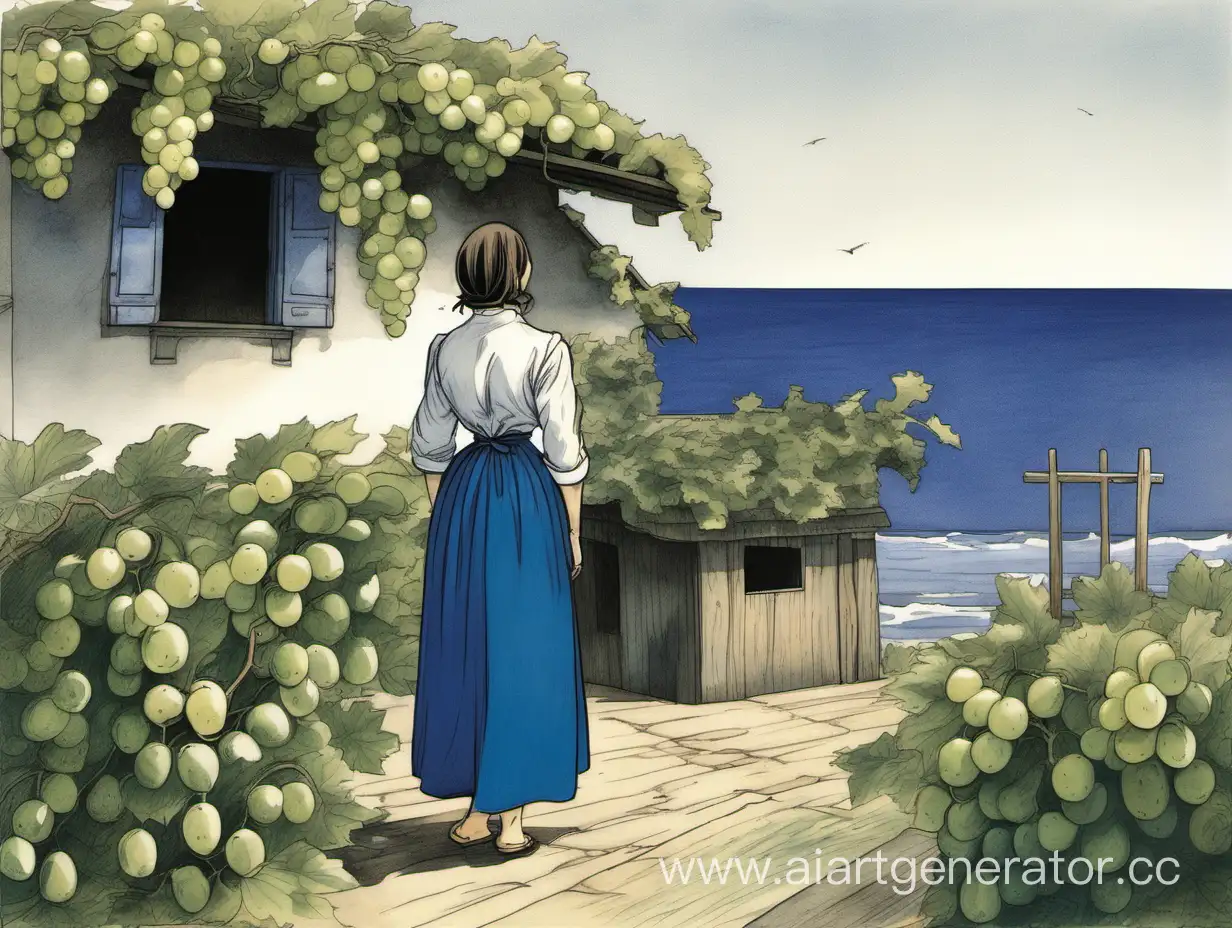 Woman-in-Blue-Skirt-Standing-by-Sea-with-Rural-Wooden-House
