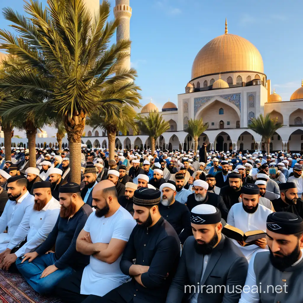 Sophisticated Muslim Men Reading Quran in Elegant Turkish Mosque