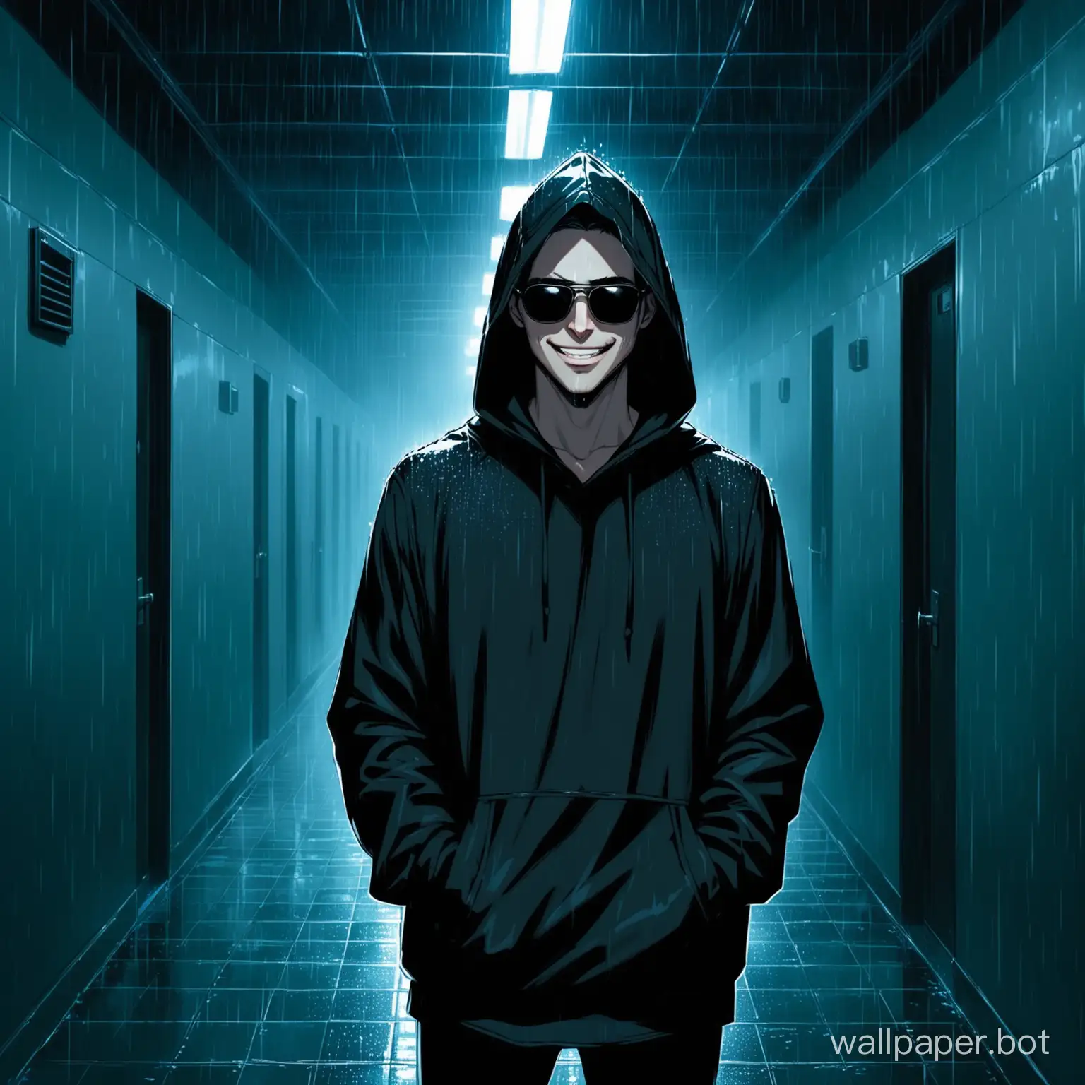 Guy, in a black hoodie, in the rain, wearing sunglasses, sinister smile, night, in the corridor