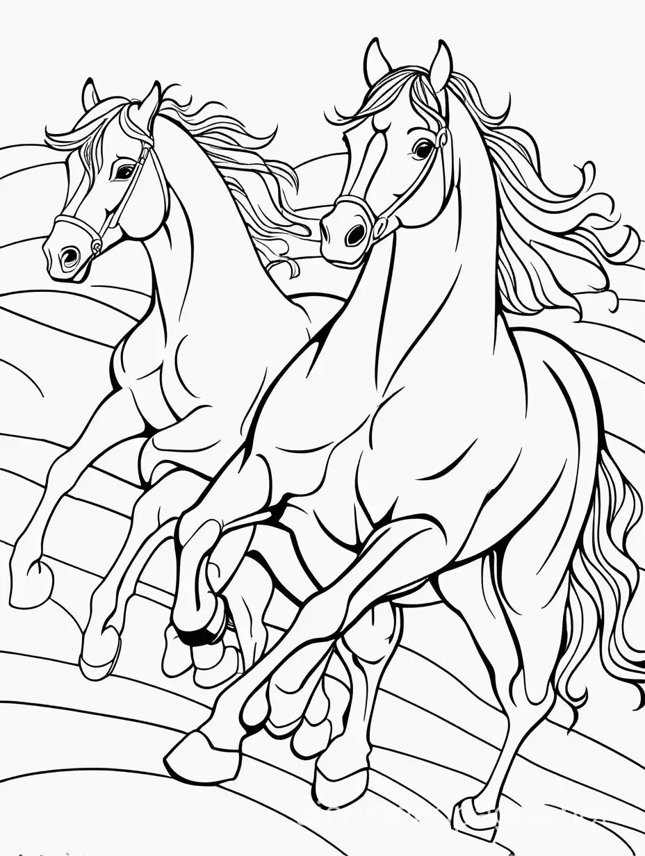 两只奔跑的马, Coloring Page, black and white, line art, white background, Simplicity, Ample White Space. The background of the coloring page is plain white to make it easy for young children to color within the lines. The outlines of all the subjects are easy to distinguish, making it simple for kids to color without too much difficulty