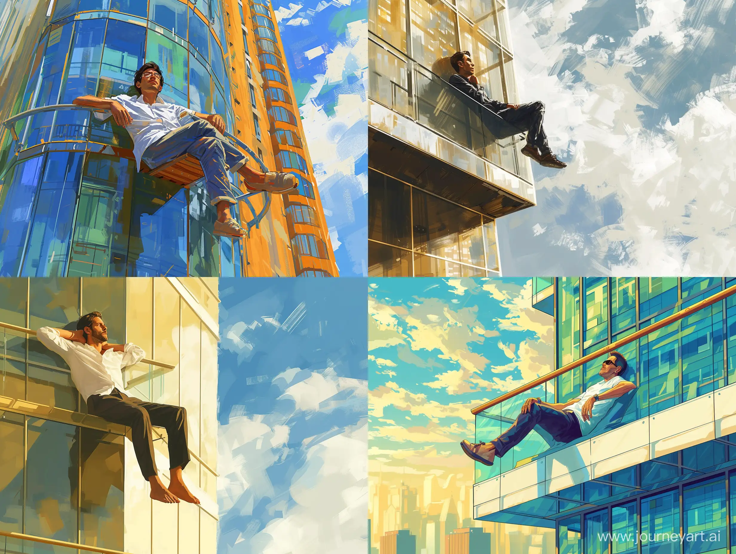 man relaxing on the balcony of a skyscraper, luxury lifestyle, oilpaint artstyle, celshading, highly detailed