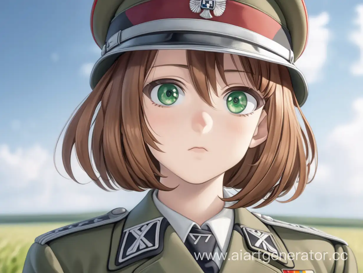 Девушка аниме, рост 170 сантиметров, каштановые волосы, прическа каре, зелёные глаза. Одета в немецкую форму времен второй мировой войны. Находится на поле боя. Сражается.