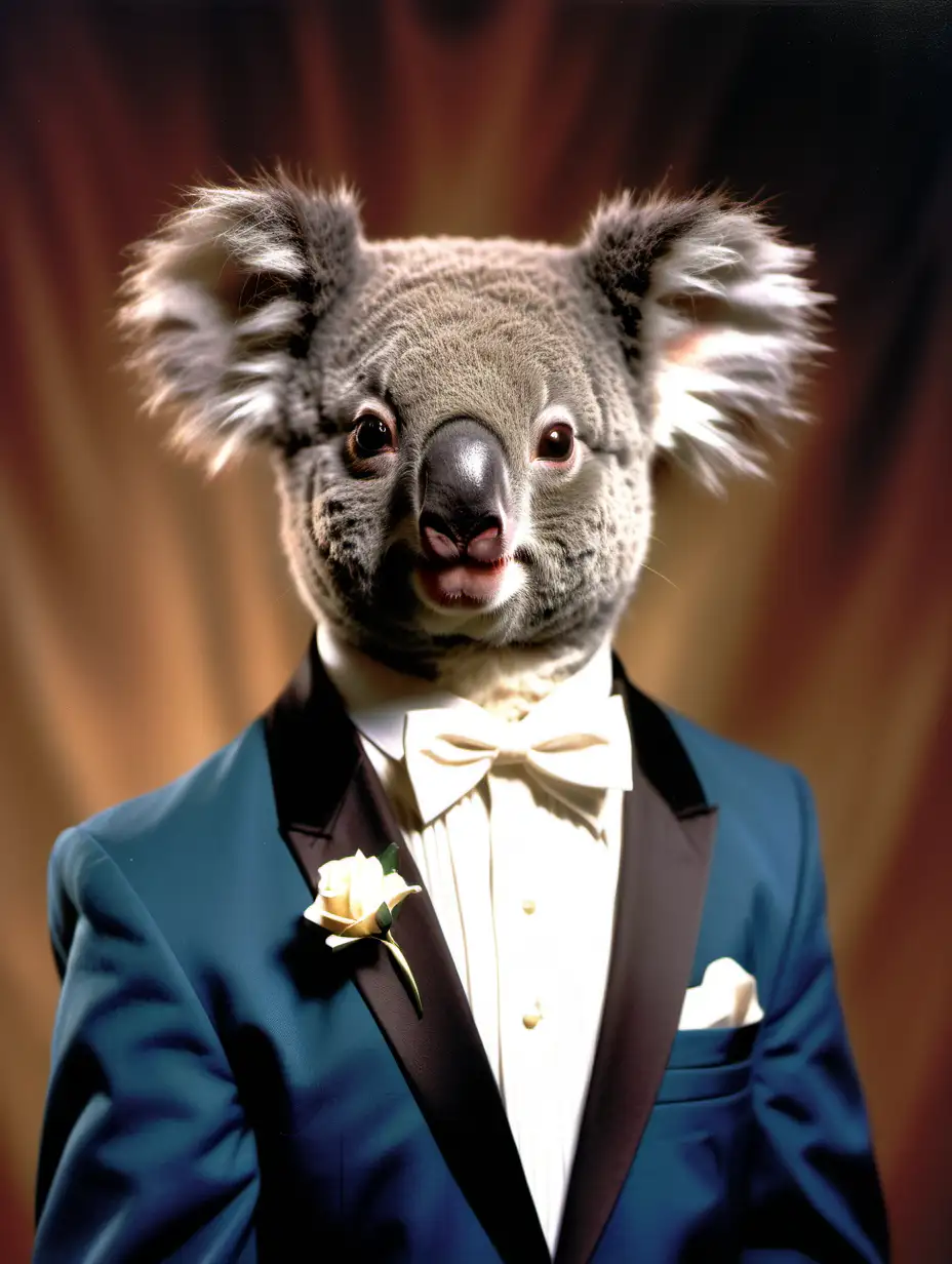 1980s portrait of a koalas in prom attire, brown background