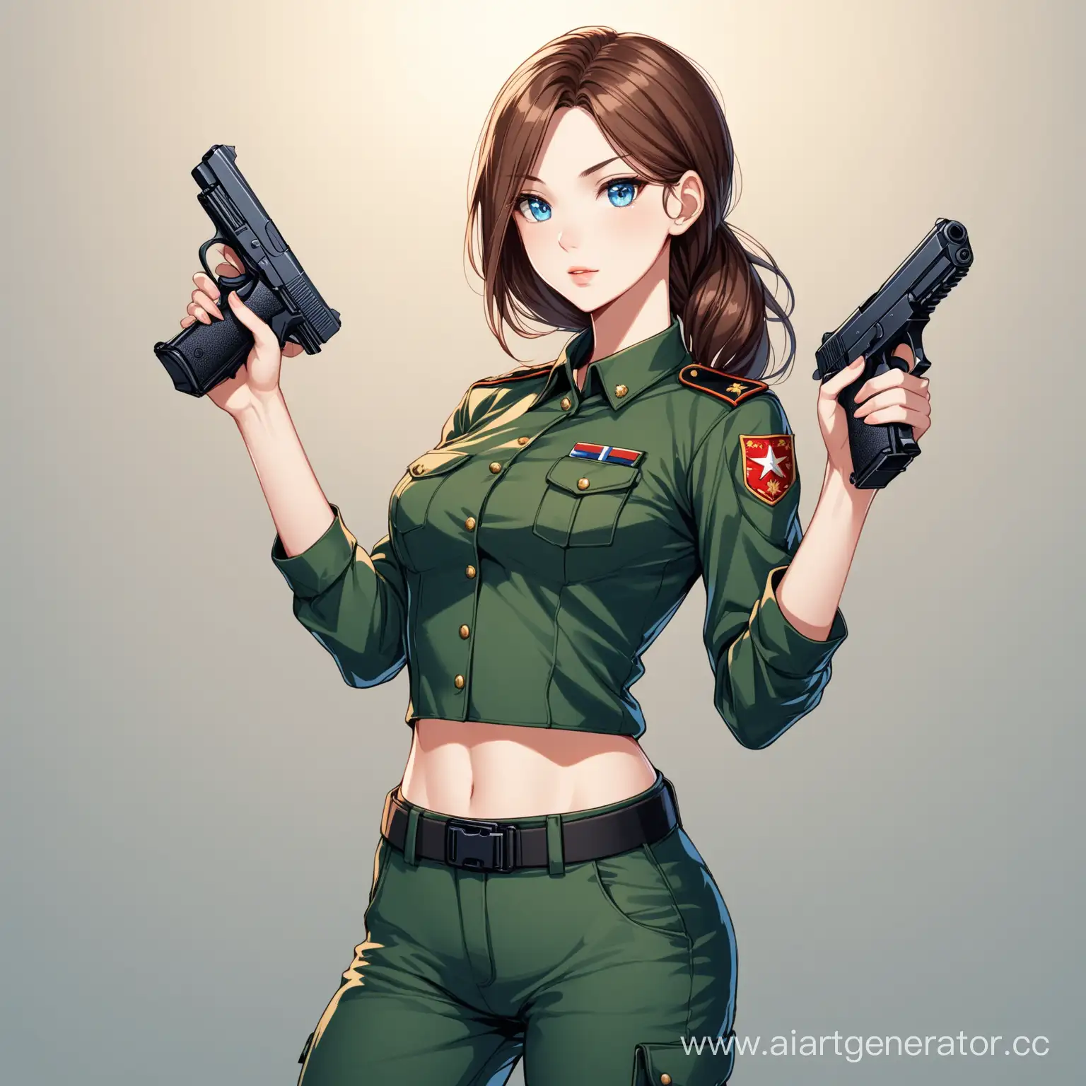 Красивая стройная девушка, с коричневыми волосами и голубыми глазами. На ней брюки и топ военной раскраски. В ее руках пистолет.