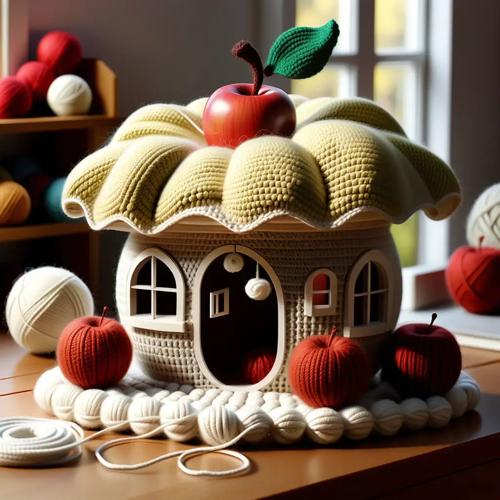 Crocheted Miniature House on AppleShaped Roof Table Setting