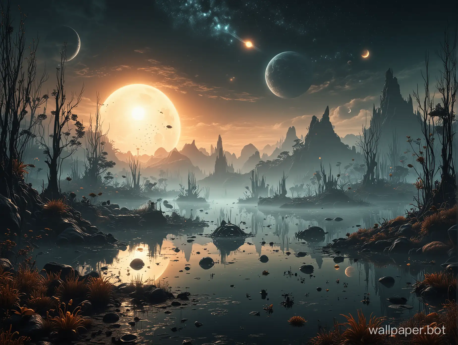 dark fogy planet with  strange scary lake and plants fishes birds bugs and aliens with strange sun moons and alien spaceship in the horizon