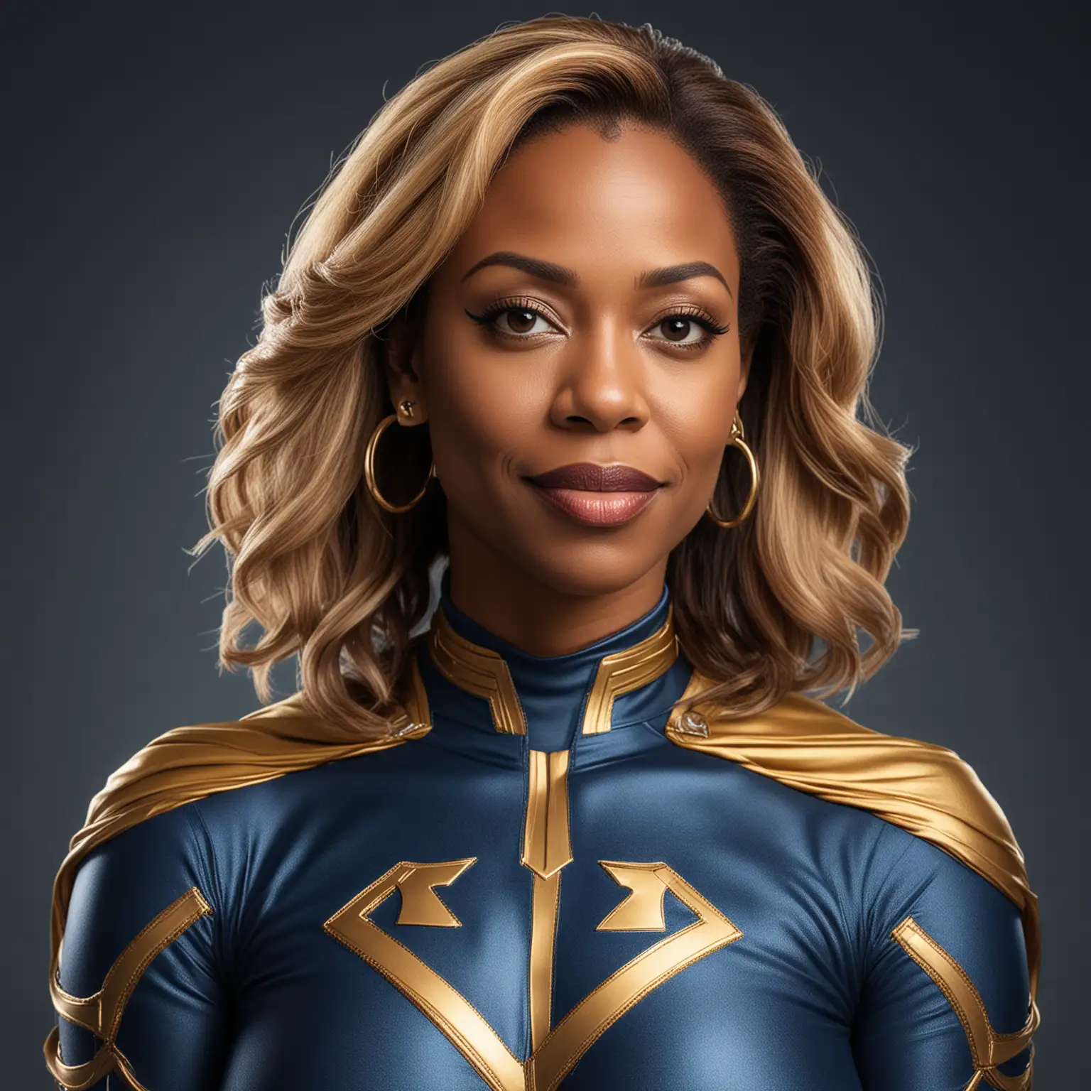 Create a headshot of an light skin African American middle aged woman who is the LinkedIn Outreach Specialist
in dark blue and gold superhero clothes cinematic Marvel style with two interlocking links on the chest