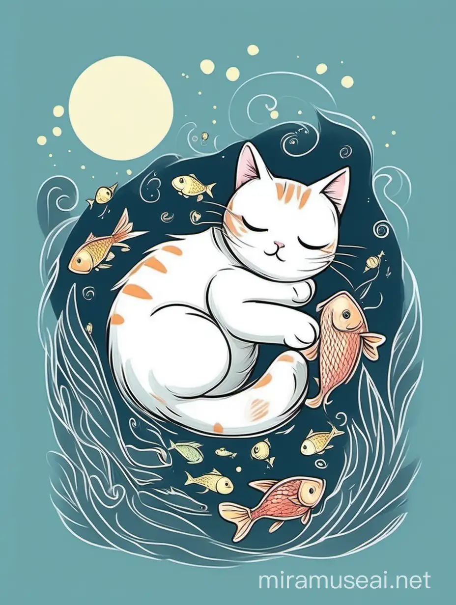 Adorable Napping Cat Dreaming of Fish in Simple Kindergarten Style