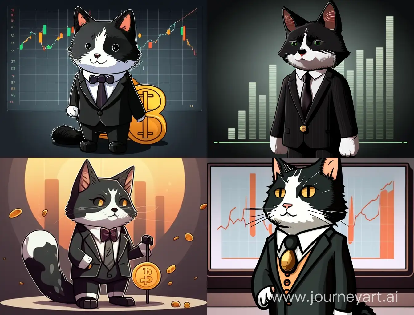 Dapper-Tuxedo-Cat-Engages-with-Bitcoin-and-Trading-Chart
