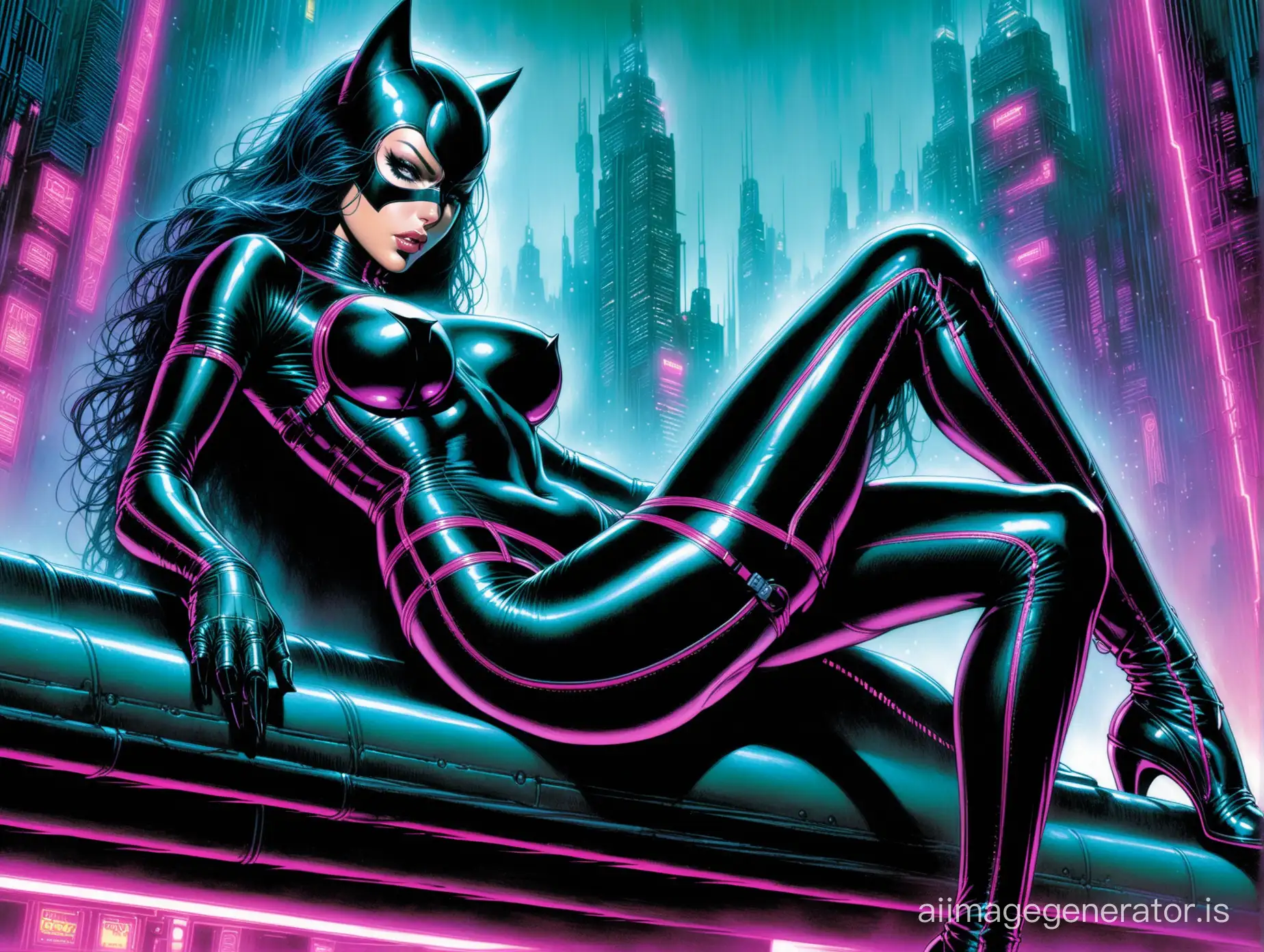 "Catwoman" in a neon cyberpunk costume;Luis Royo | Brian Bolland;epic,epic detail,masterpiece,best quality,photorealistic,ultra-high detail;femme fatale;full body reclining position, dramatic, extreme composition