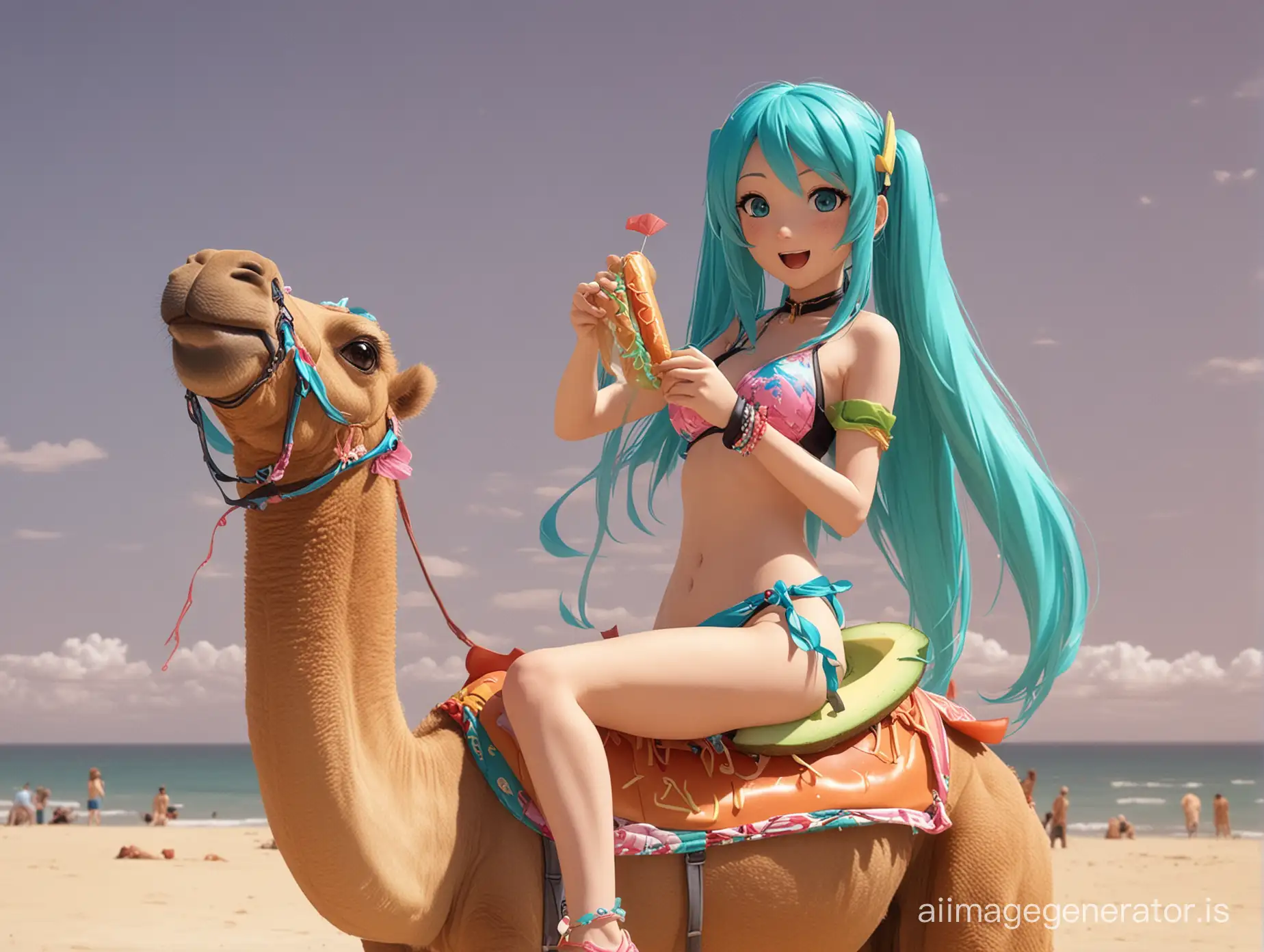 Hatsune miku eating a hot dog with avocado while riding a camel in a bikini