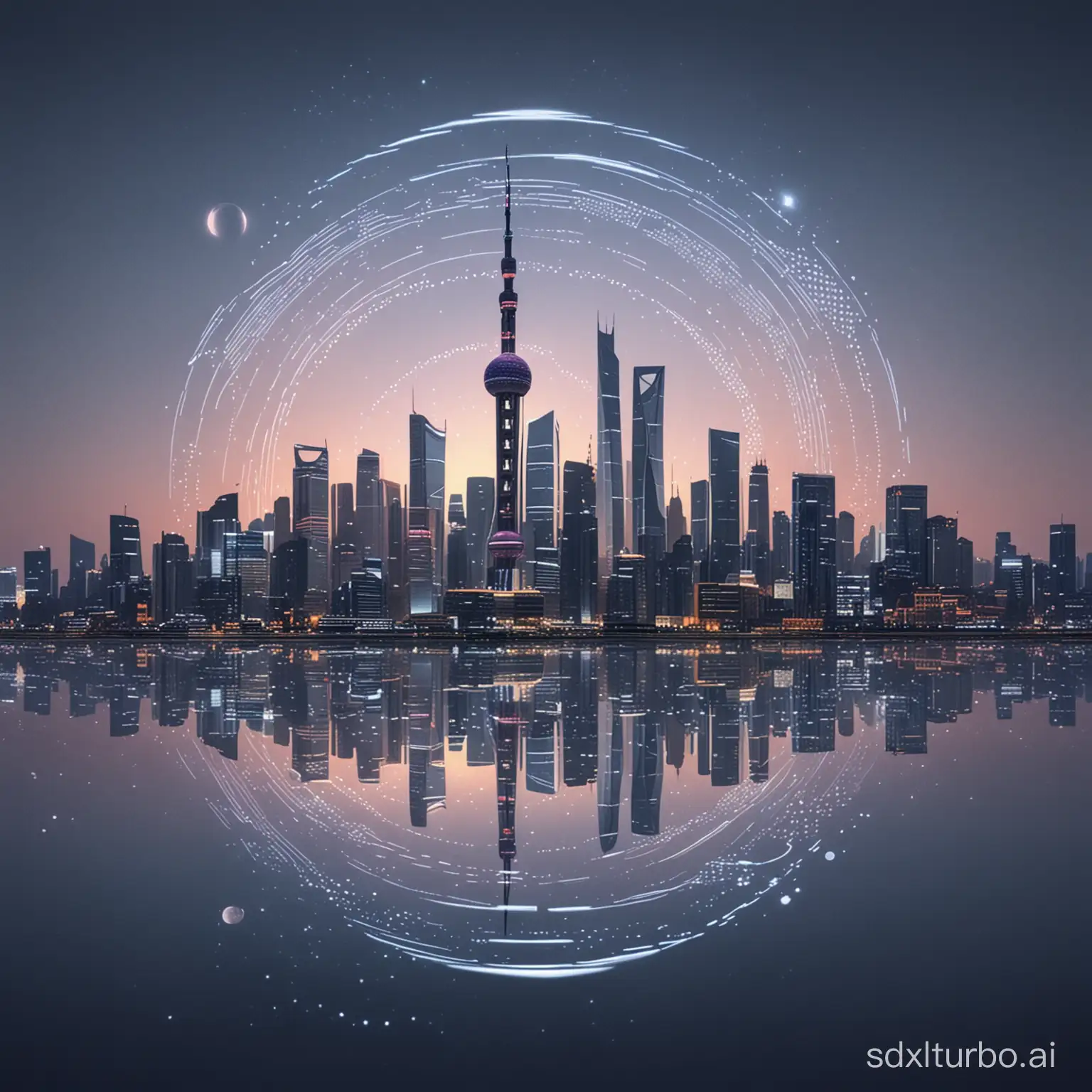 panoramic view of a city Shanghai skyline at sunset in Holographic Zen style, with night sky navy and moonlight silver Zen circles and lines in holographic forms