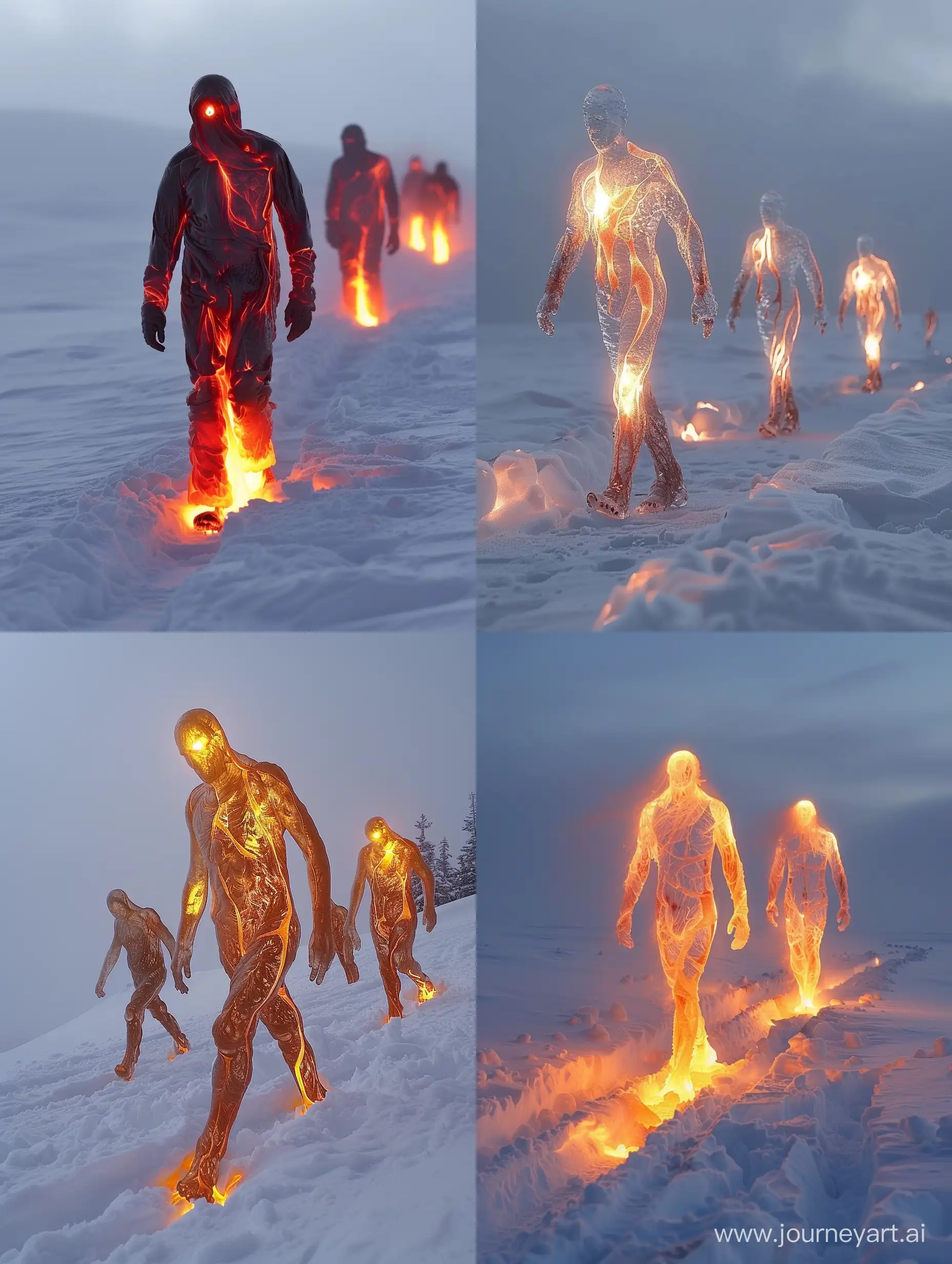 Humans made entirely of lava are walking through snow —stylize 250