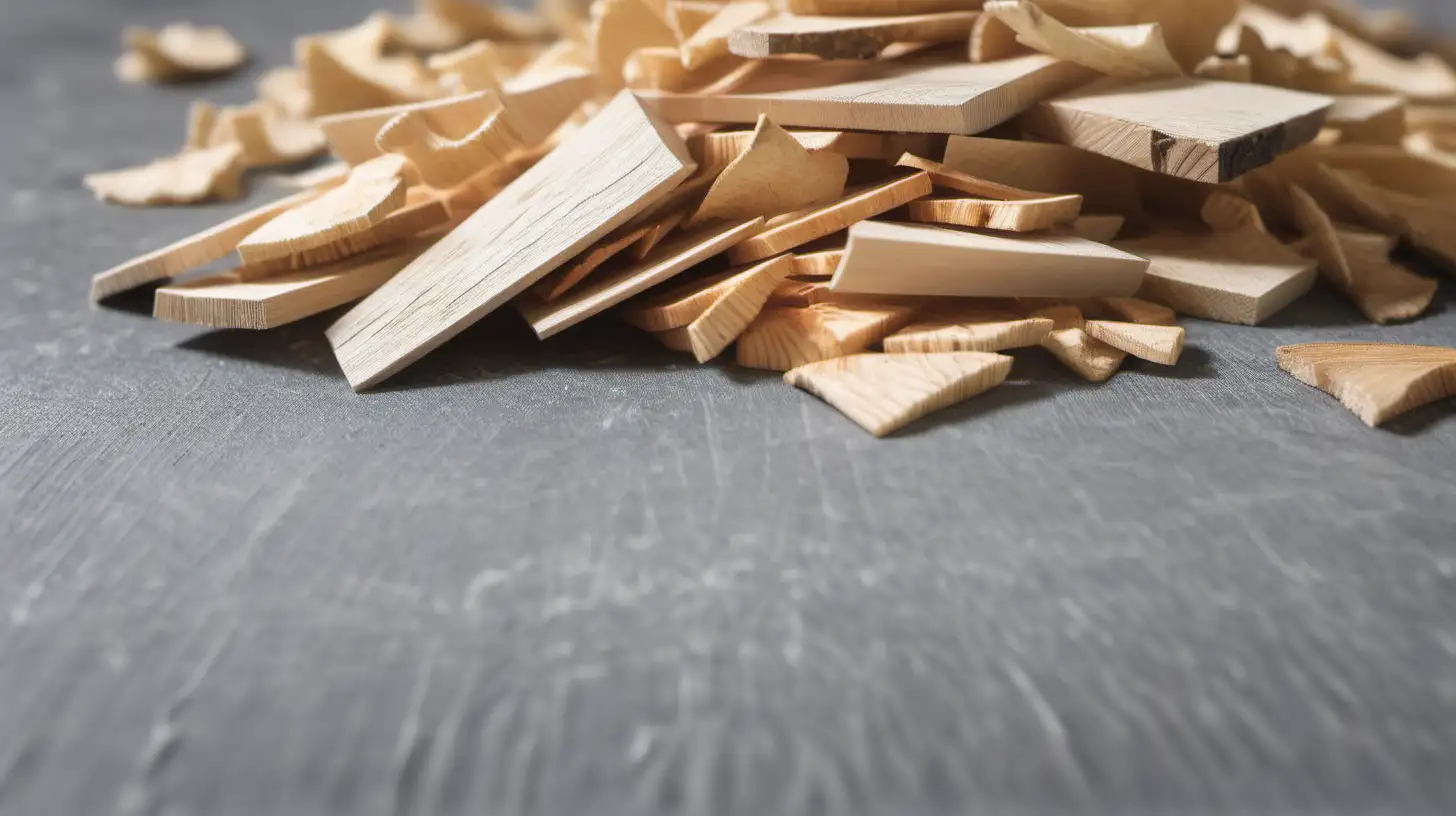blurred oak wood planer chips on gray table
