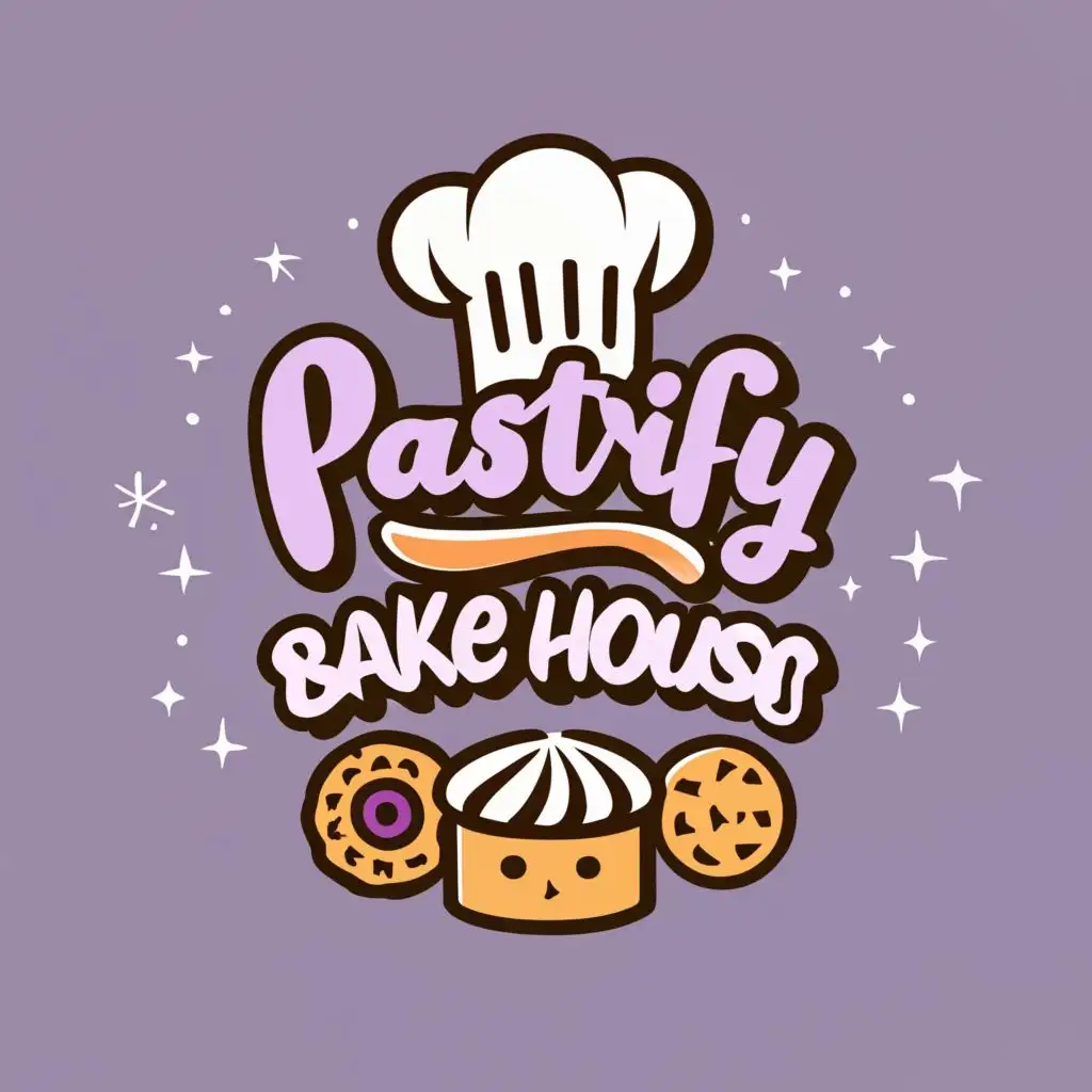 logo, Chef hat, cookies, pastries, baking
COLOUR PASTEL PURPLE
THEME ELEGANT AND CUTE, with the text "PASTRIFY BAKE HOUSE", typography