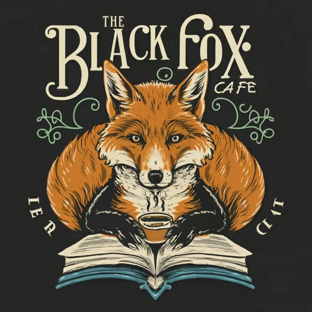 logo, Black fox, Book, coffee with the text "The Black Fox cafe", typography
