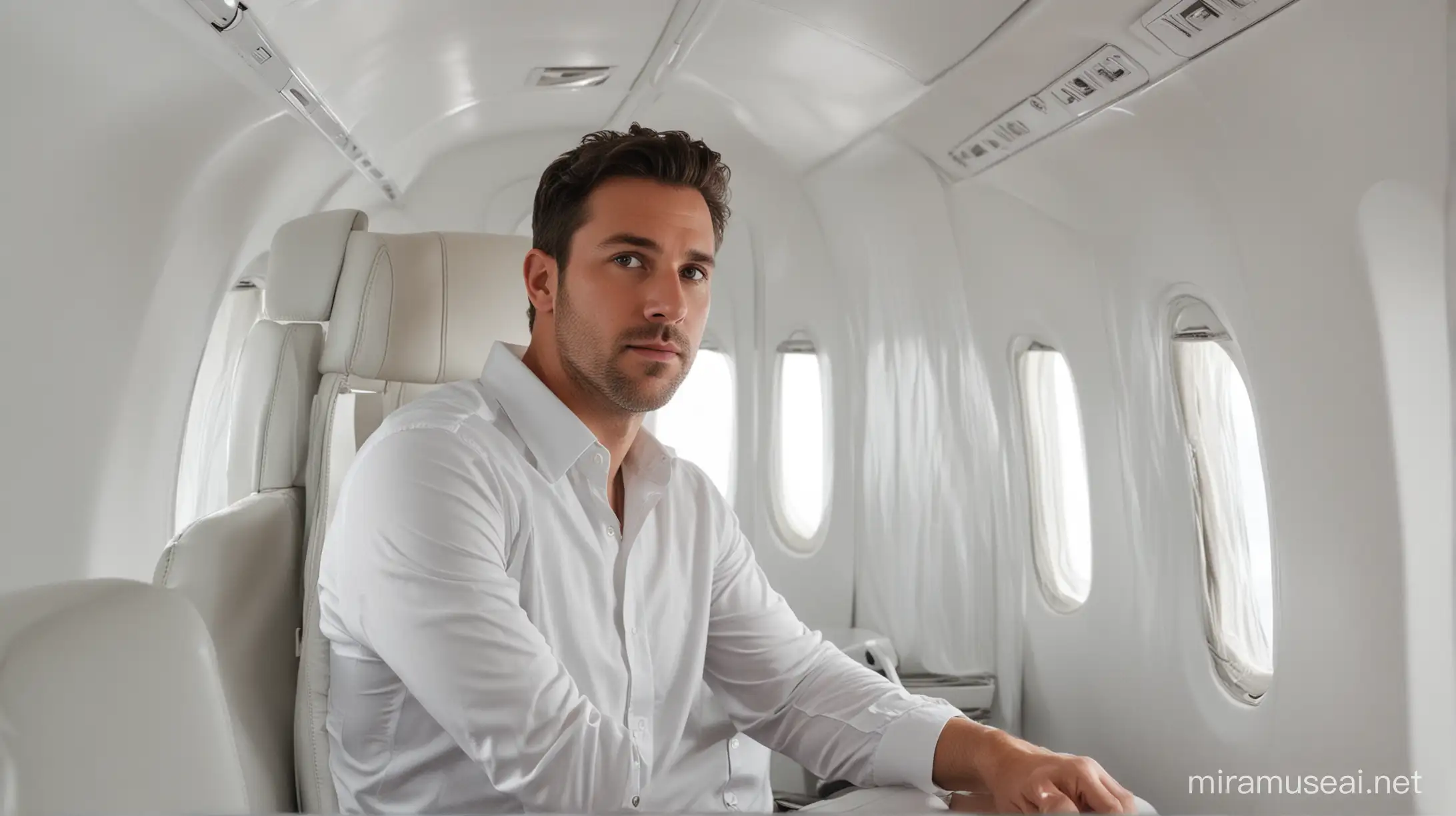 Man sitting inside on fully white plane
Looking in front