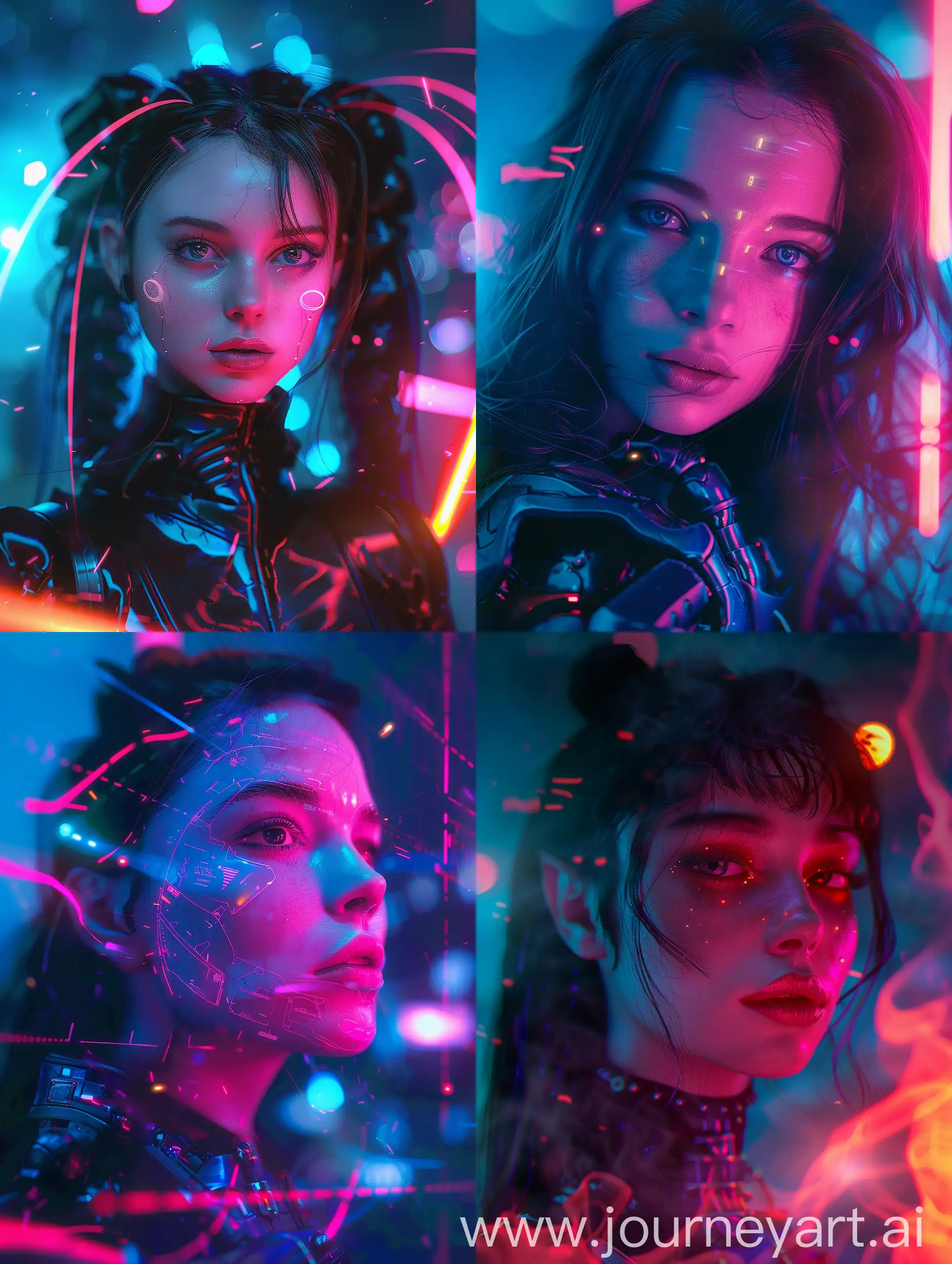 Cyber knight, darkness, potrait,  with subtle pink and blue gradients, realistic, 1girl, beautiful, high detail, attractive, fit, pretty face, cyberpunk fantasy, futuristic fairy psychedelic tale, robotic lasers fairy dancing rave in an neon incandescent flame, moonlight enveloping attire tech-punk mech-punk cityscape