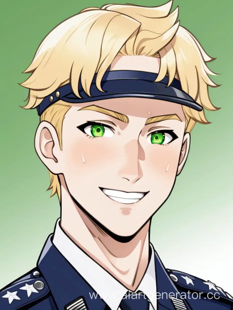 Police man in American uniform, anime art style. Blond short hair, green eyes, smile with dimples on the sides.
