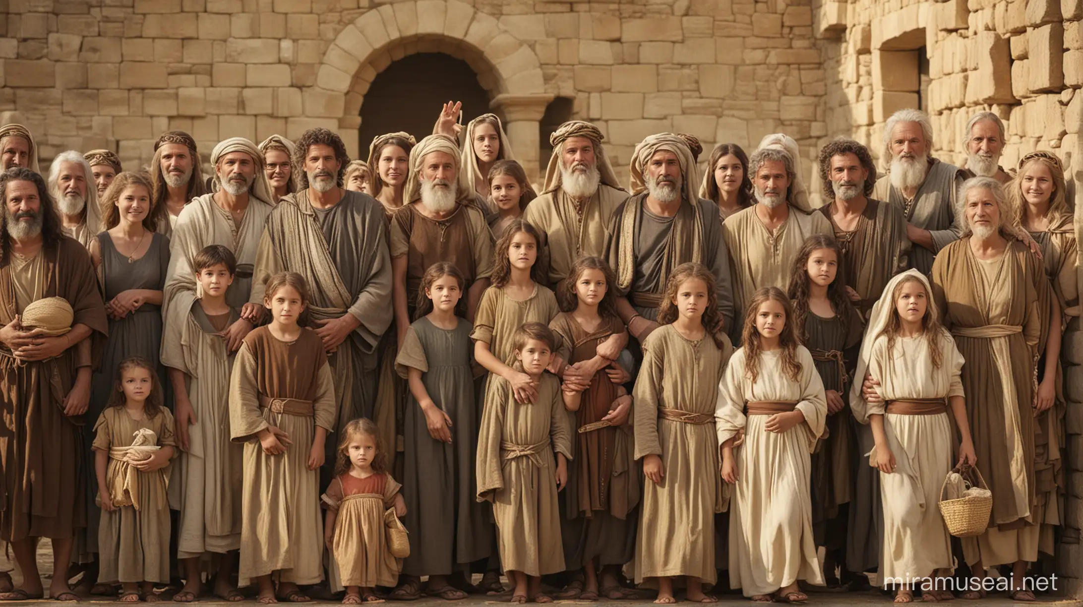 a big family, young and old, set in biblical times