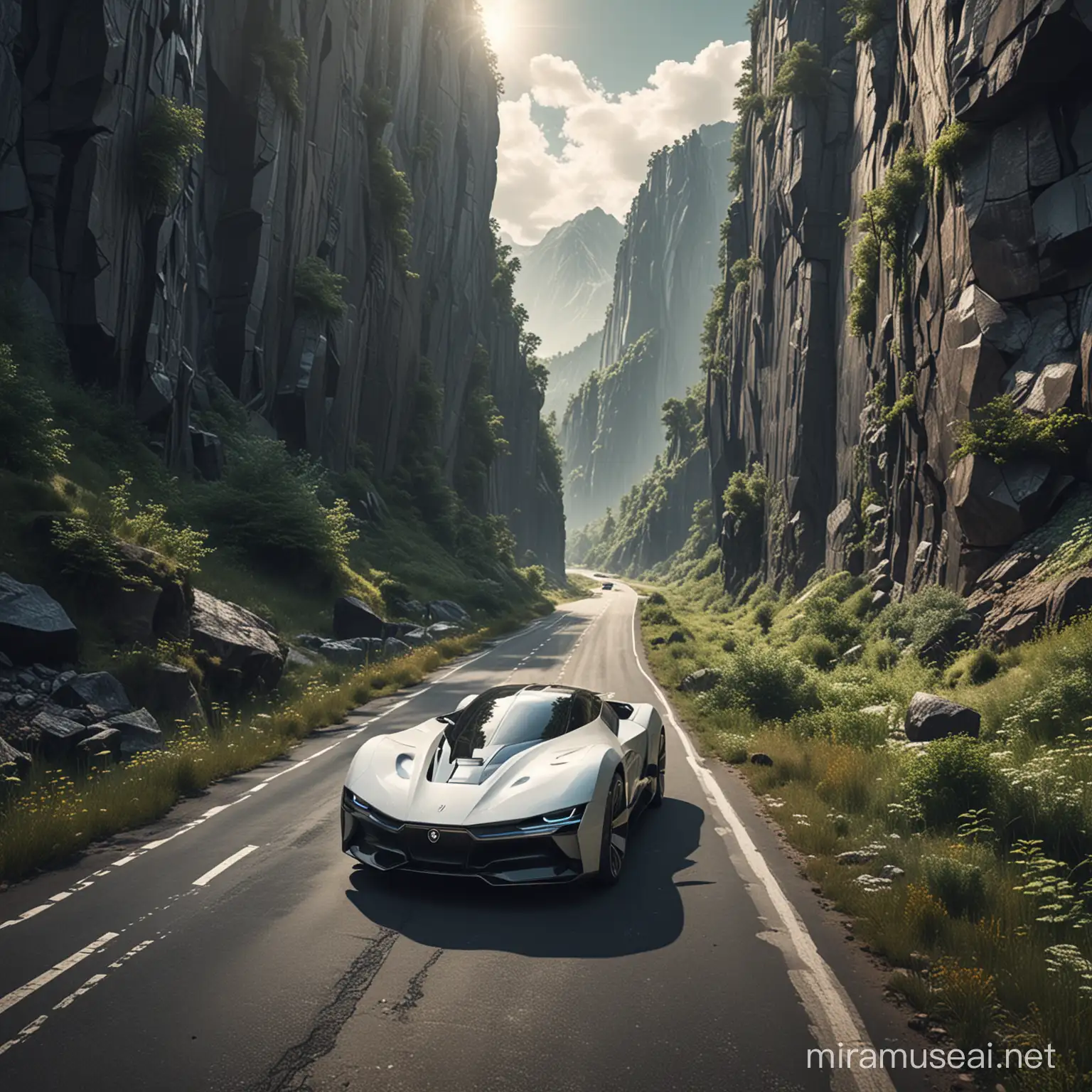   an image of a futuristic car driving through an old mountain road surrounded by nature: