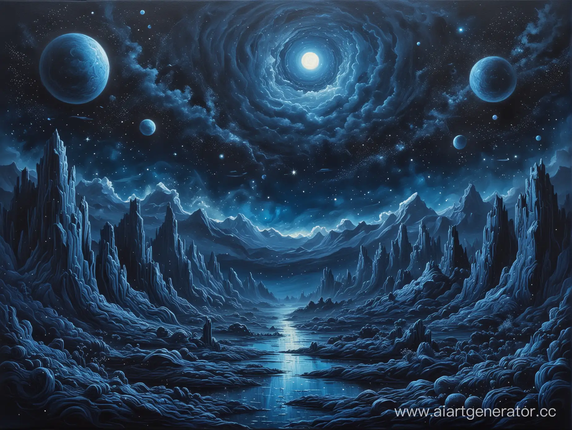 рисунок масляными красками на темно-синей бумаге, космический пейзаж