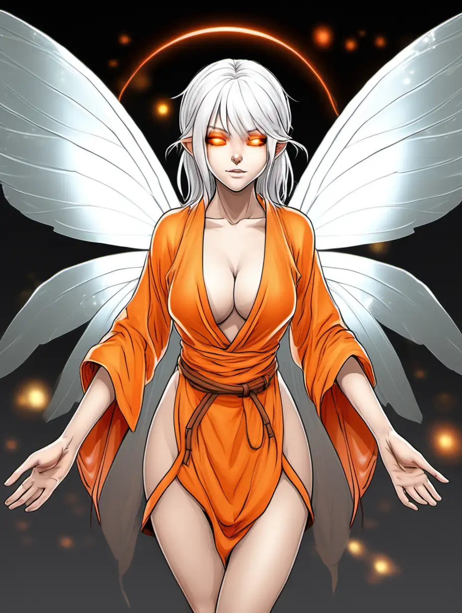 Enchanting WhiteHaired Fairy Monk in Vibrant Orange Robes with Translucent Wings