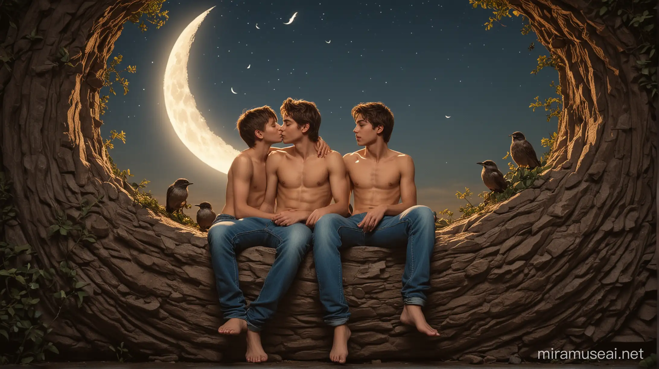Dois rapazes descalços e sem camisa, usando calças jeans, sentados lado a lado no vão de uma lua crescente, beijam-se na boca, cercados de pássaros.