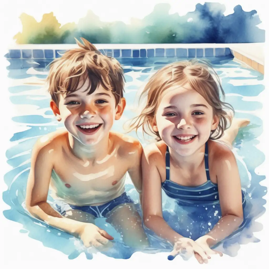 Vytvoř realistickou tvář _ kluk a holka plavou, koupou se na koupališti, mají radost, smějí se_ve stylu akvarel 