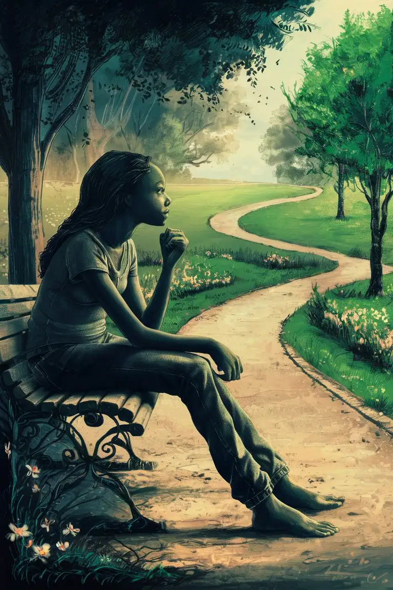 young adult illustration. A full figure young African woman sitting on a park bench, waiting, a park, back view, looking into the horizon atmosphere