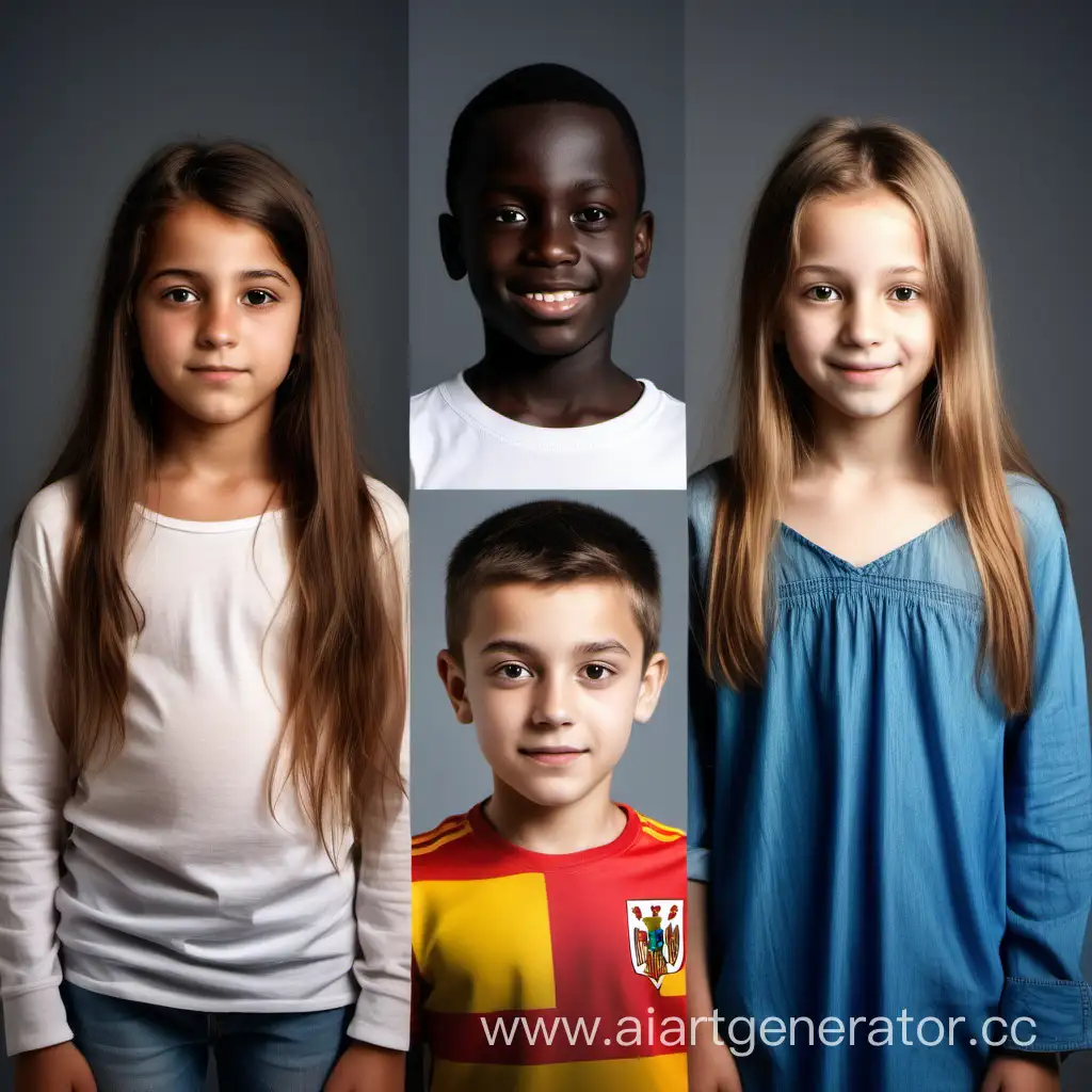 Create a picture of 4 children of 14 years old from different countries: one girl from greece, the other one from Poland, one boy from Spain, the other from Ghana