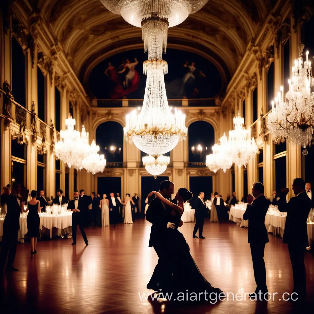 A luxurious ball against the backdrop of many palace crystal chandeliers in the dark amphelade of the French royal castle. Everyone is dancing the tango. One omni beauty light.