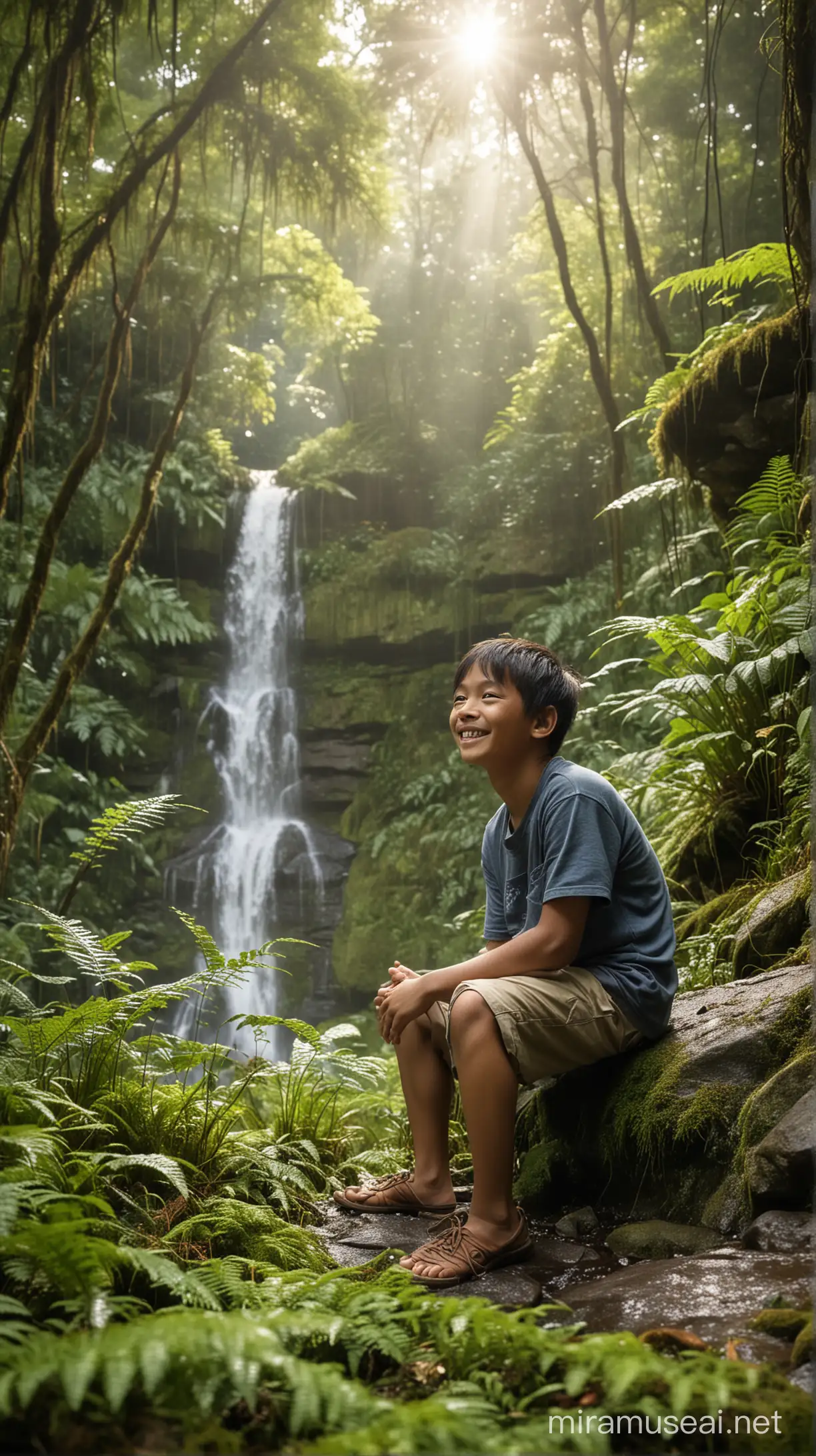 A 25 year old Indonesian young man sits with a 3 year old boy on a rock facing the front camera while smiling in the middle of a forest filled with sunlight, the sun's rays filtering through the leaves. Delicate dewdrops cling to ferns and wildflowers. In the background, a mystical waterfall cascades down moss-covered rocks, and mist rises into the air. High resolution, high realism.