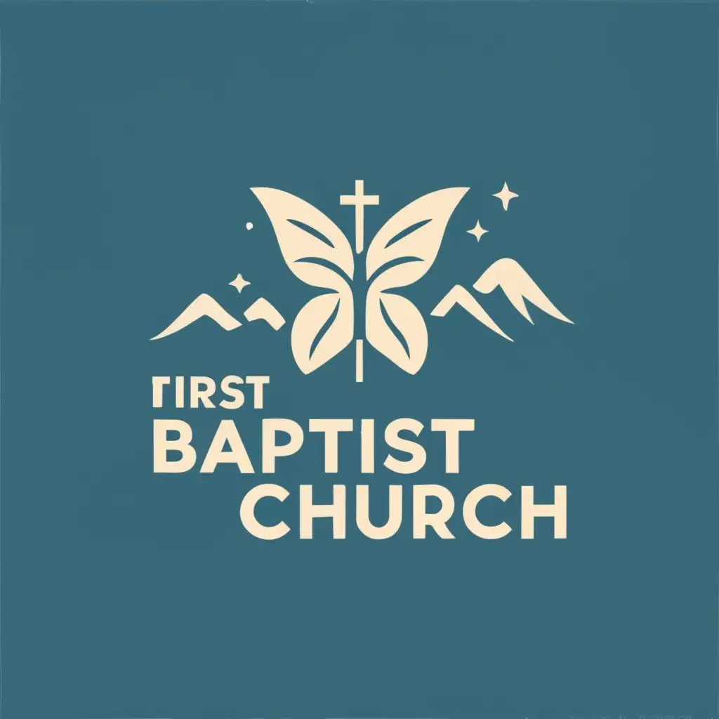 logo, butterfly with cross, mountains in back, with the text "First Baptist Church Monrovia-Arcadia", typography, be used in Religious industry