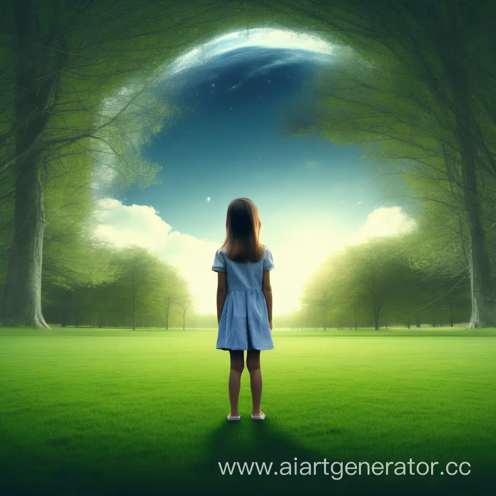 Девушка стоит на траве и смотрит на целый мир перед ней