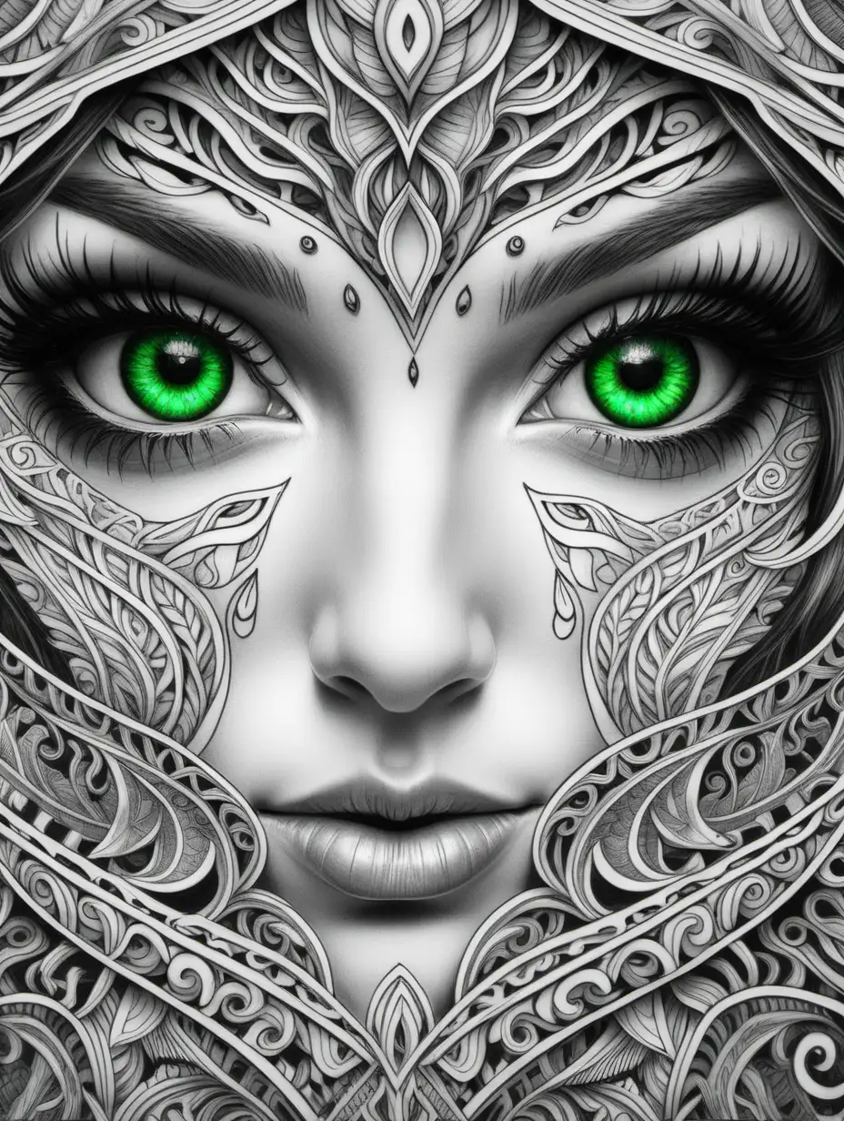 adult coloring book, green eyes,  face, intricate, fantasy, high detail, black and white, no shading, close up,
