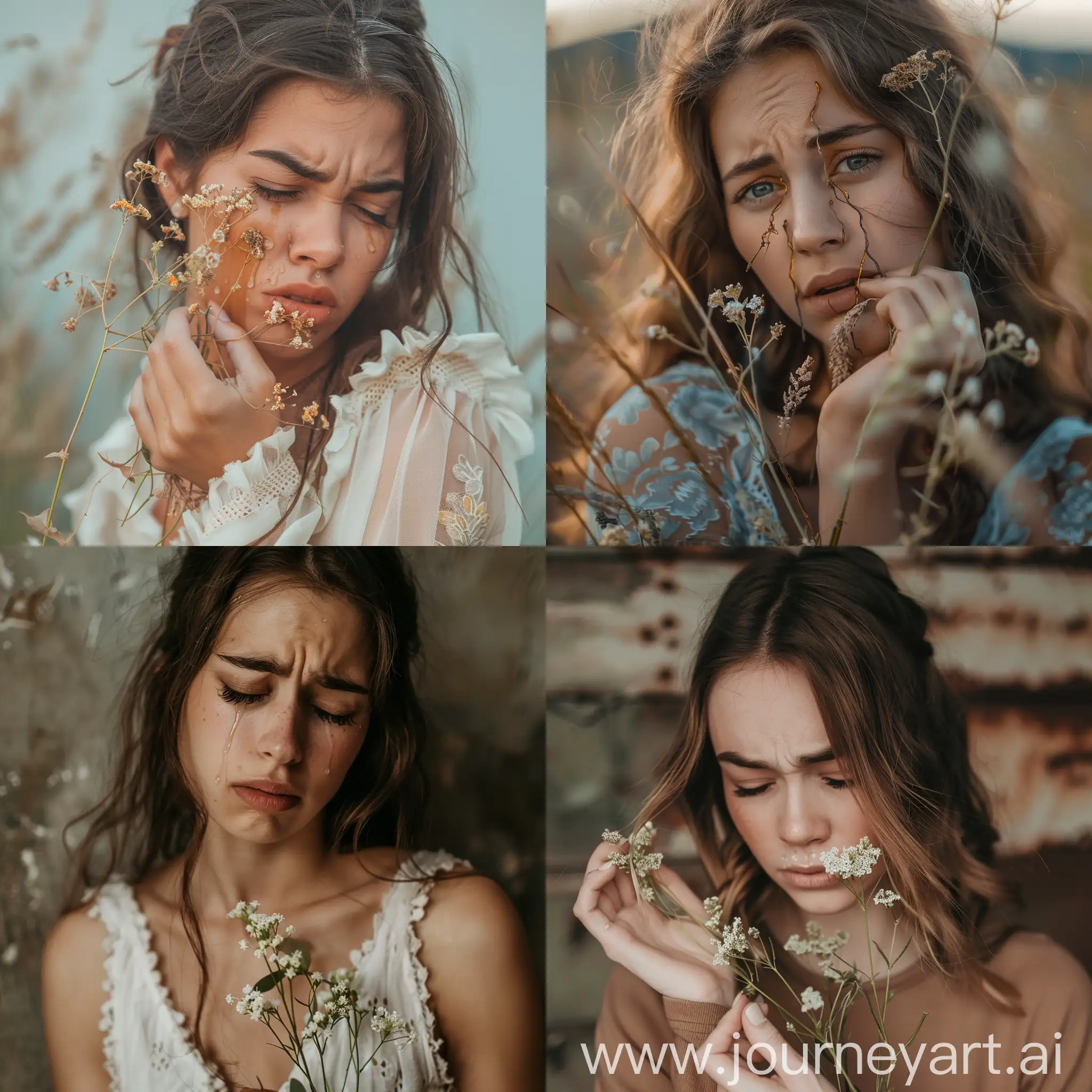 Young beautiful woman holding dying flowers crying emotionally