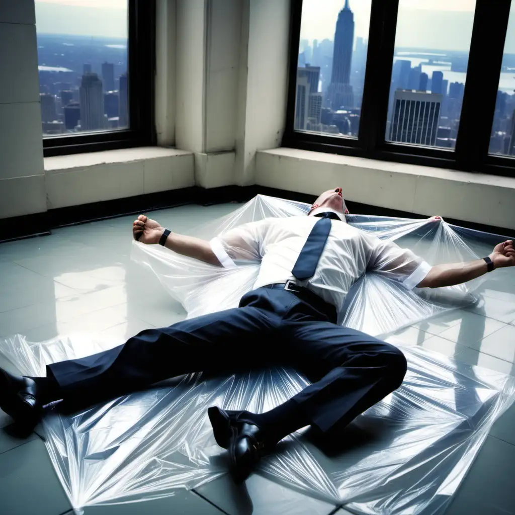 
man , lying on the floor, DRESSING SUIT AAND TIE, tied with his arms and legs close to his body with white plastic wrap, with his mouth open on the floor of a room with a window overlooking New York City.