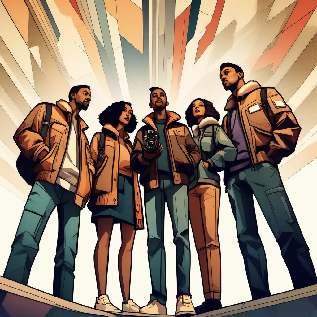 lower angle shot, below the horizon line, looking up at a diverse group of 3-5 people, standing shoulder to shoulder and overlapping, all wearing bomber jackets, one, one person holding a pencil, one person holding a camera. All looking towards the upper right, rendered in an abstract art deco style, taking a picture