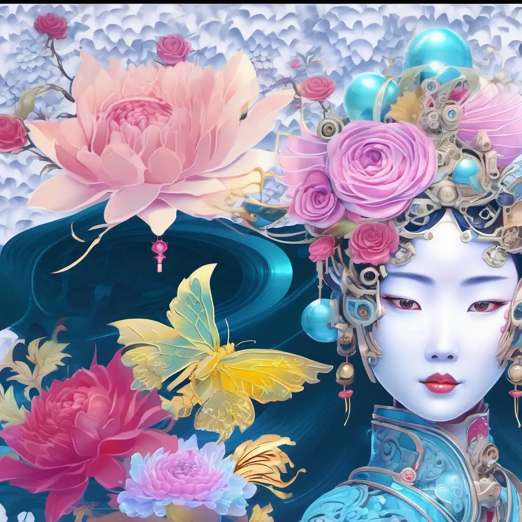 Mechanical asian woman, fantasy dream,  mechanical face, roses, mechanical chrysanthemums 
